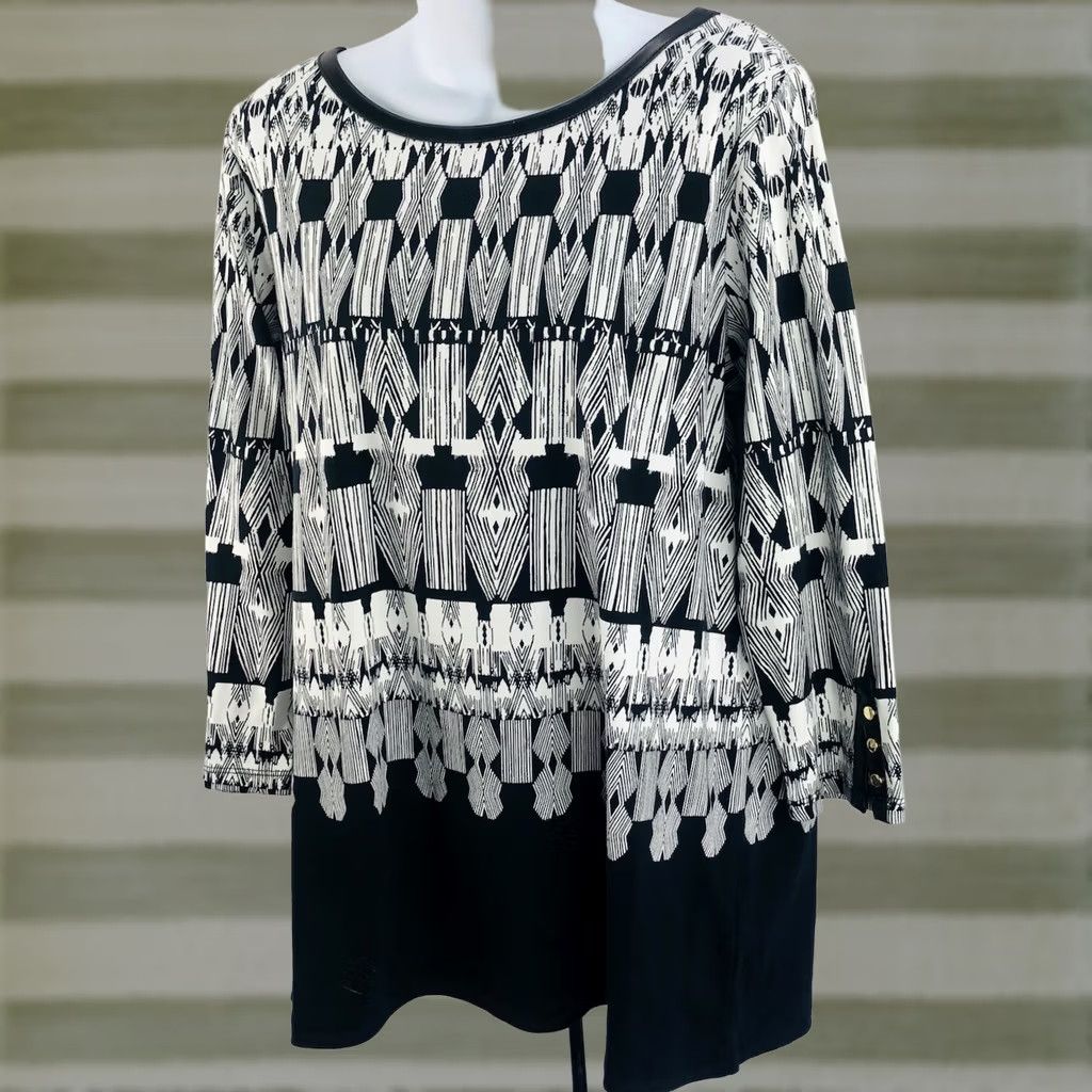 Vintage Rafaella Tunic Top XL Geometric 3/4 Sleeve Faux Leather Trim Button Up Blouse Womens Size XL / US 12-14 / IT 48-50 - 1 Thumbnail
