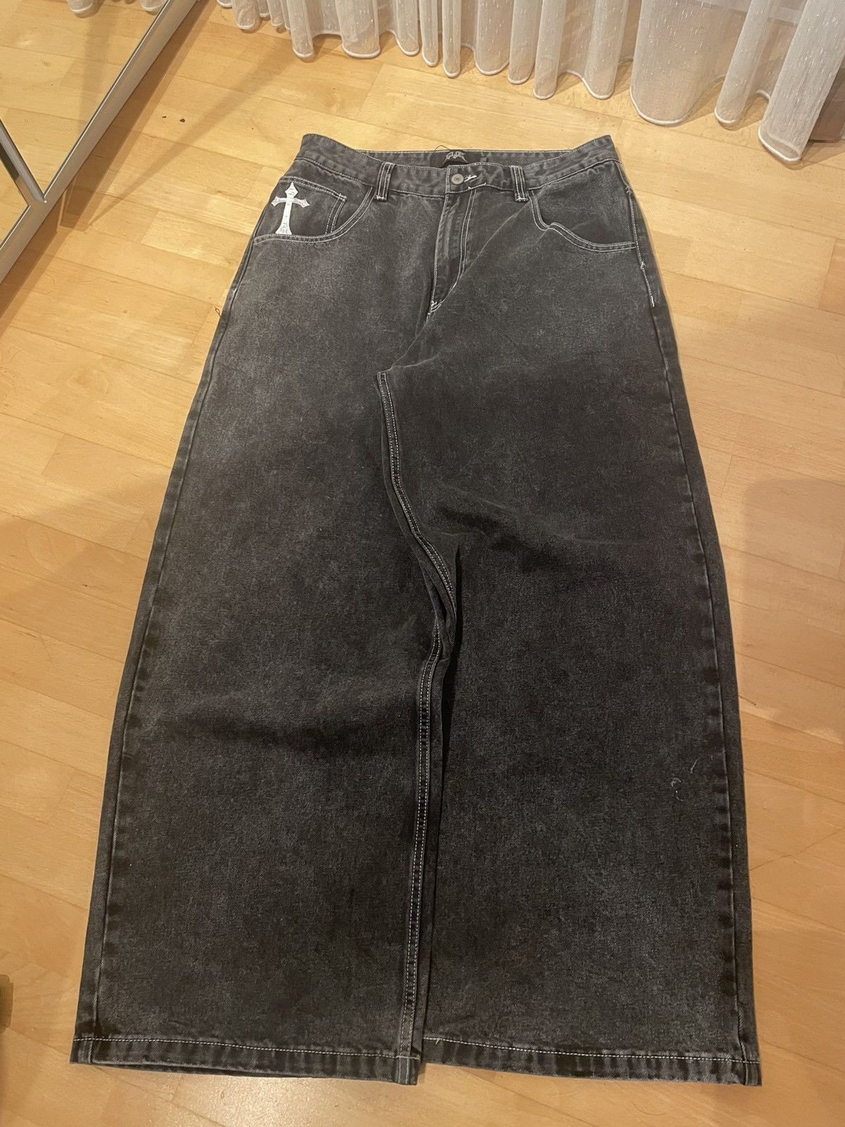Other Black Baggy Jeans with Gothic Cross Embroidery – Y2K Style Size US 32 / EU 48 - 3 Thumbnail