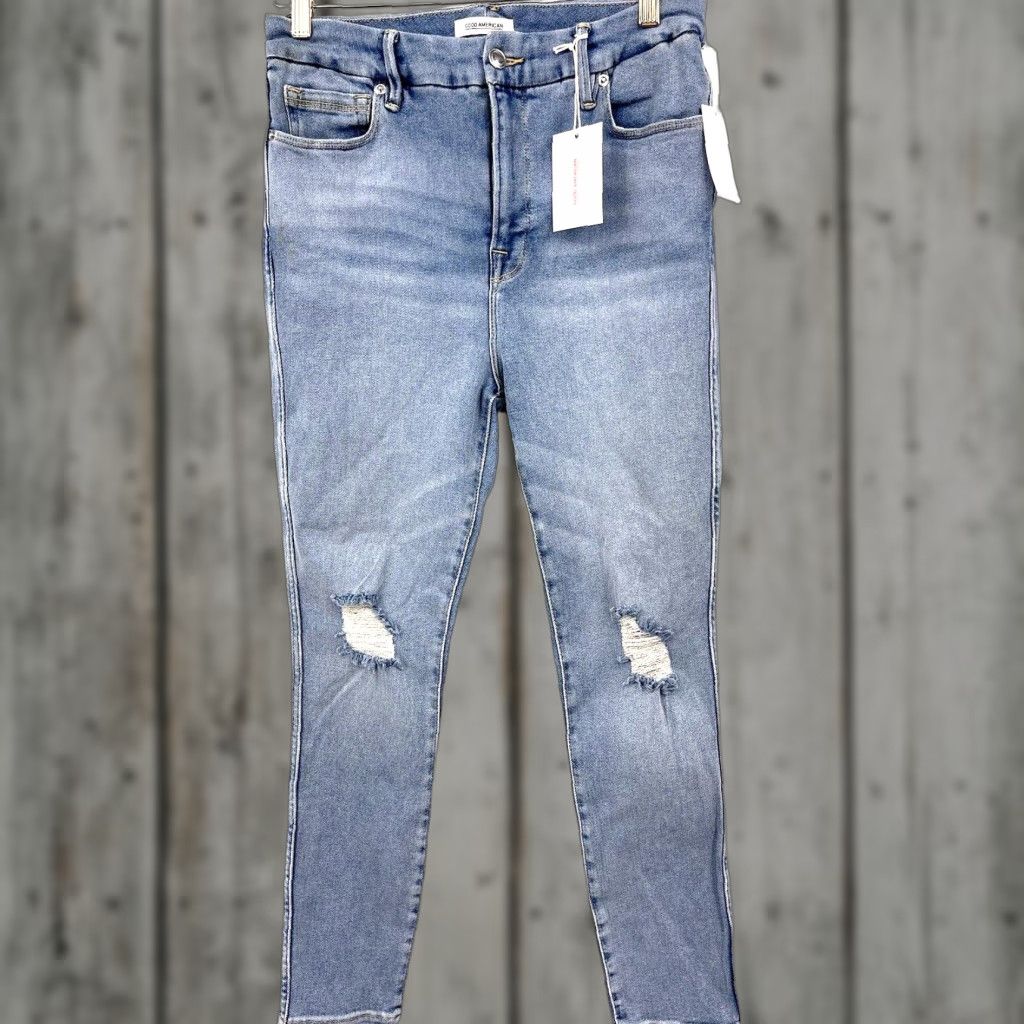 Good American Good American Jeans Womens 6 Distressed Stretch Mid Rise 5-Pocket Denim Blue 90s Style Straight Body: Curve Straight Girls Womens Size 28" / US 6 / IT 42 - 1 Thumbnail