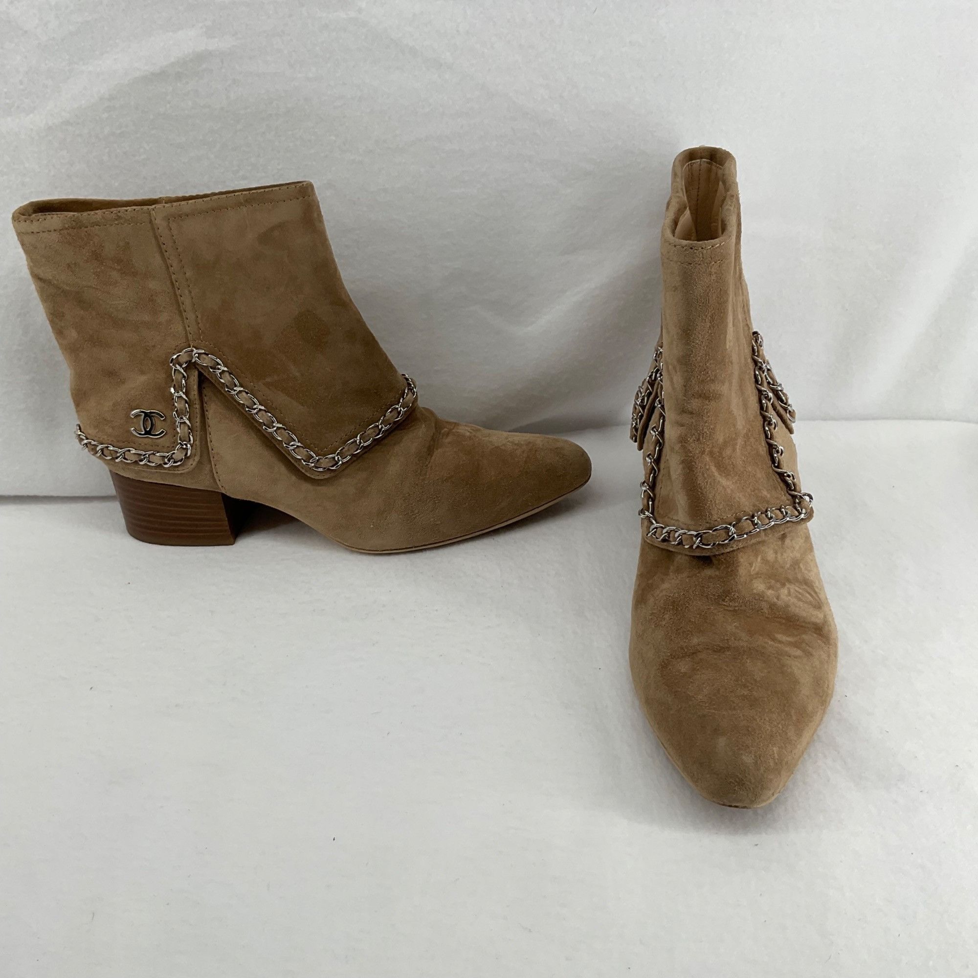 Chanel Brown tan Suede leather logo Chain Link Ankle Boots