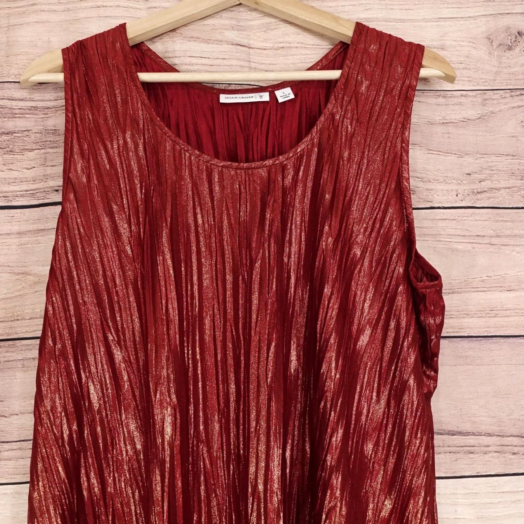 Vintage Susan Graver Tank Womens L Red Metallic Pleated Scoop Neck Sleeveless Party Cocktail Summer VINTAGE No Size L / US 10 / IT 46 - 2 Thumbnail