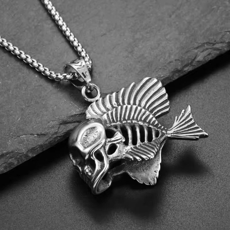 Jewelry x Vintage Charm Skeleton Fish Pendant Necklace in Silver, Men's