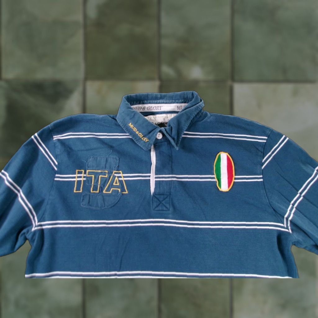 Vintage Mud & Glory Rugby Polo Mens XL Blue Striped Long Sleeve ITA Patch Italy Cotton Size US XL / EU 56 / 4 - 1 Thumbnail