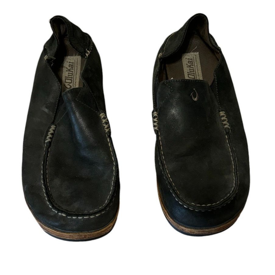 Olukai OluKai Shoes Men 10 Black Moloa Waxed Nubuck Leather Slip On Size US 10 / EU 43 - 2 Thumbnail