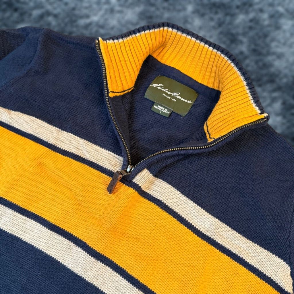 Eddie Bauer Eddie Bauer Mens Large Navy Blue Yellow Striped Quarter Zip Cotton Knit Sweater Size US L / EU 52-54 / 3 - 1 Thumbnail