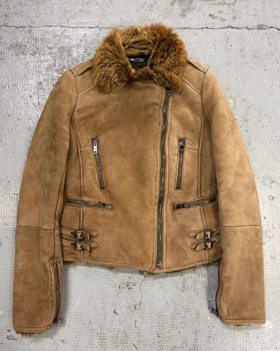 Dolce & Gabbana 2000s Dolce & Gabbana Beige Asymmetrical Fur Collar Suede Leather Jacket Size M / US 6-8 / IT 42-44 - 1 Thumbnail