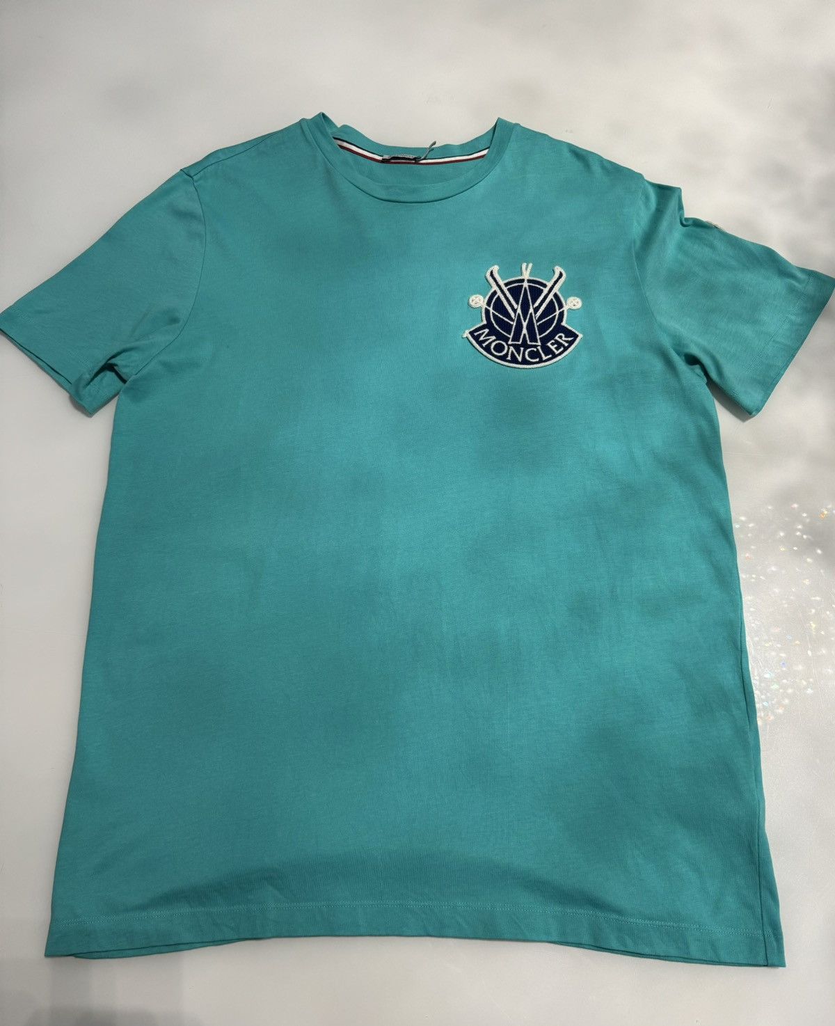 image of Moncler Stitched Logo Patch T Shirt Blue Aqua Size Xxl in Aqua Blue, Men's