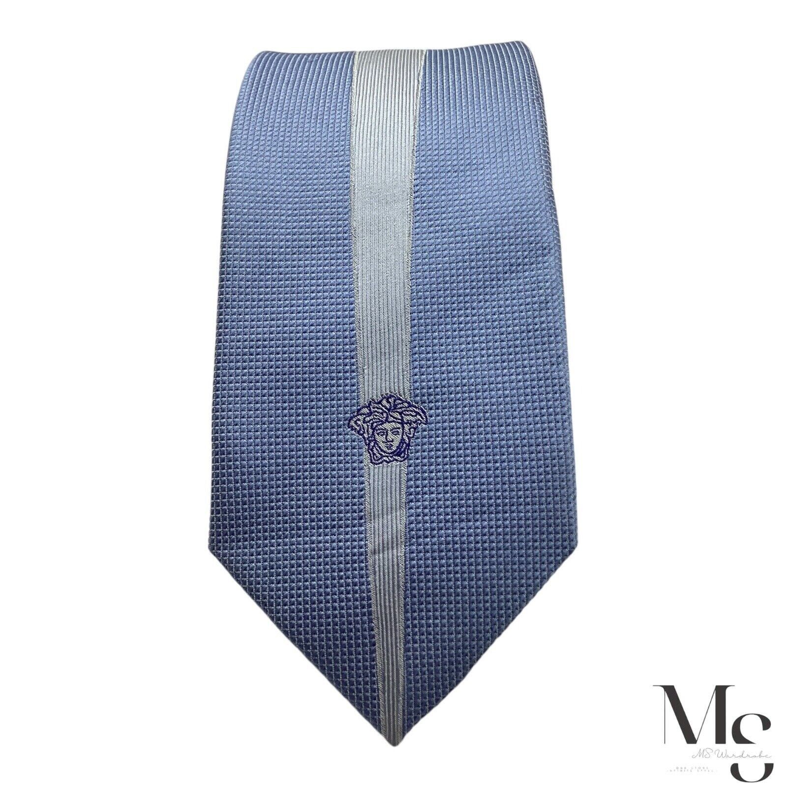Versace VERSACE Blue Striped Medusa Head Logo Made In Italy Silk Tie Size ONE SIZE - 3 Thumbnail
