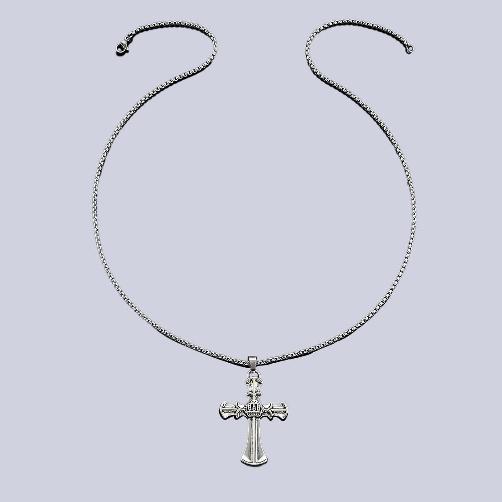 Jewelry Silver Crown Cross Pendant Necklace, Men's Religious Jewelry Size ONE SIZE - 3 Thumbnail