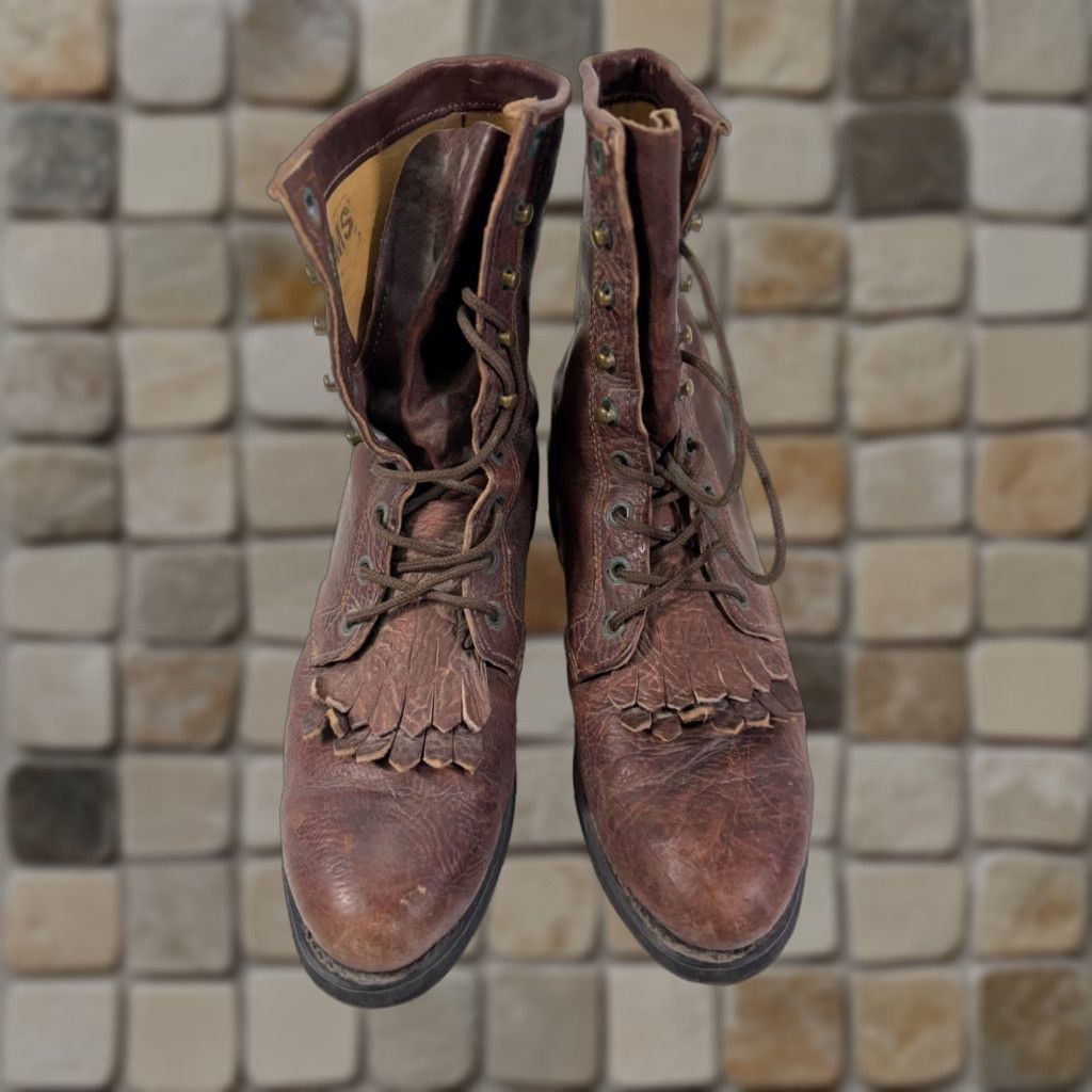 Vintage Boulet Western Boots Mens 9 Brown Leather Lace-Up Almond Toe Cowboy Kiltie Mid-Calf Boots Size US 9 / EU 42 - 1 Thumbnail