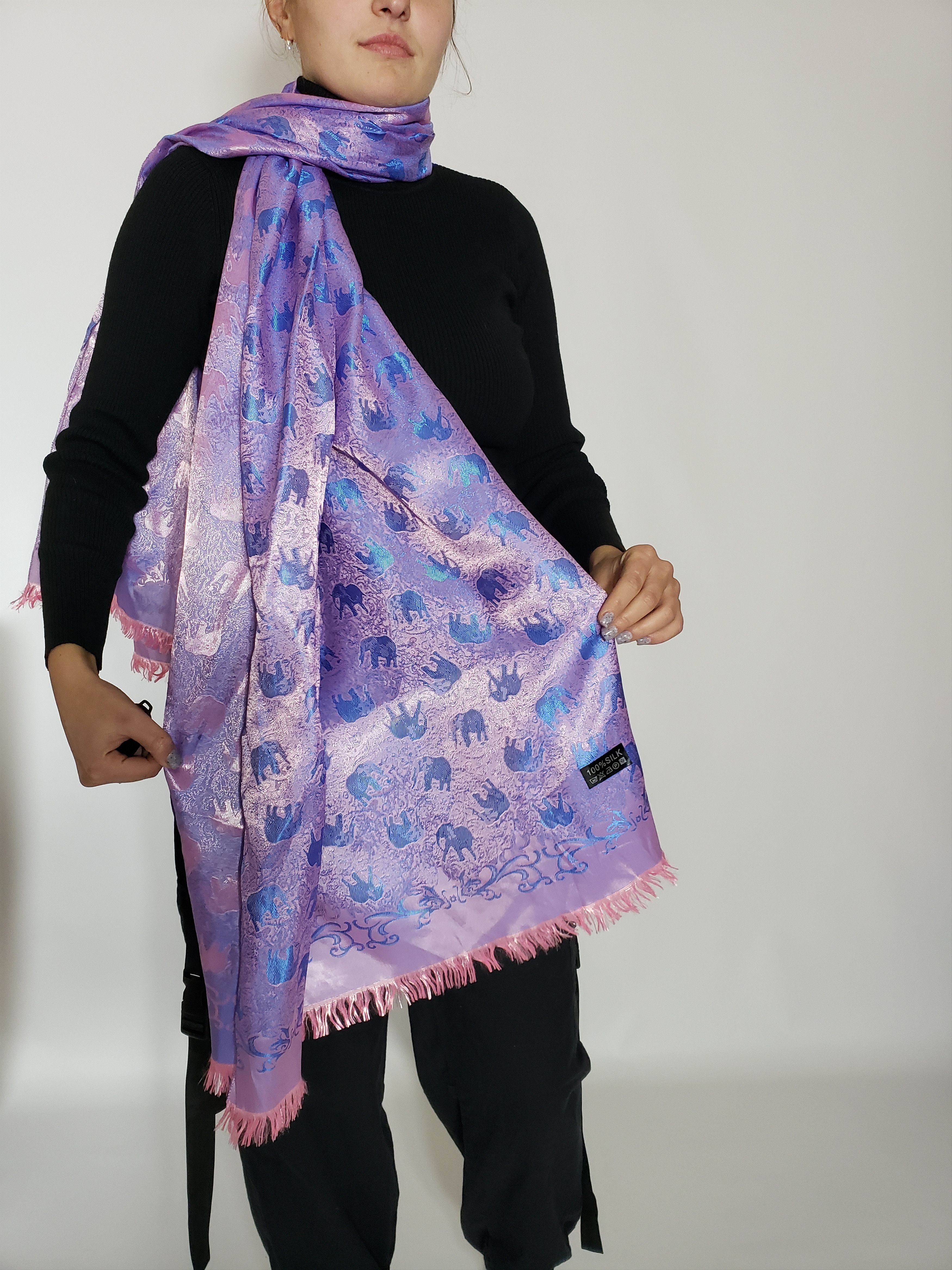 Other 100% Silk Scarf ELEPHANTS violet Size ONE SIZE - 4 Thumbnail