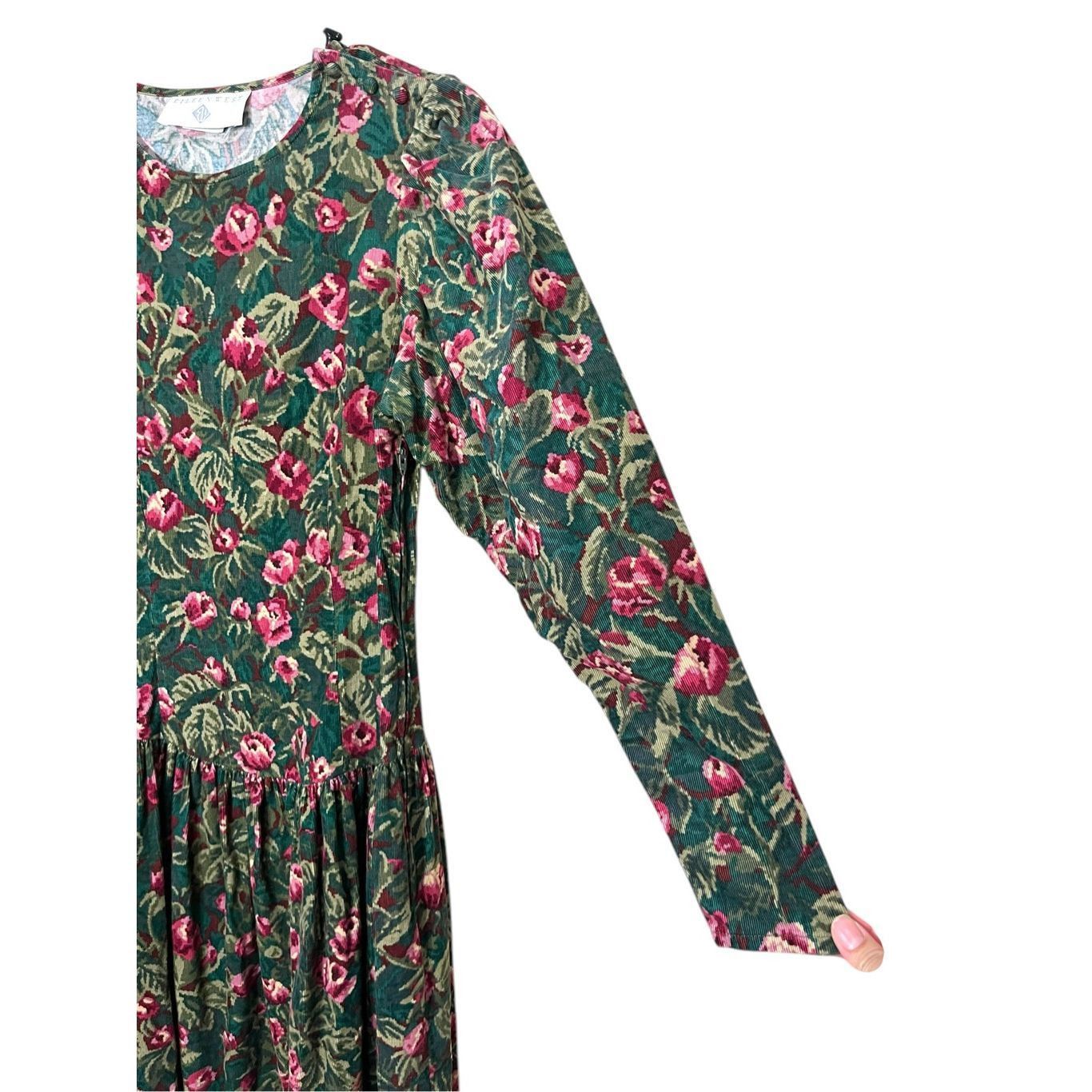 Other Vintage Eileen West Green Pink Floral Corduroy Maxi Dress Si Size M / US 6-8 / IT 42-44 - 5 Thumbnail