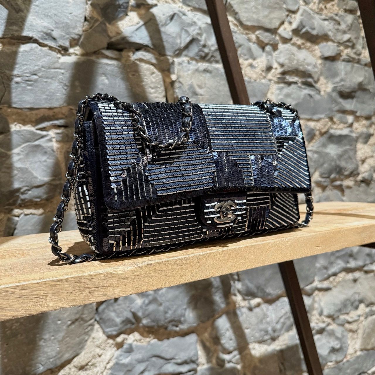 Chanel Chanel Navy Blue Satin Sequin Beaded Medium Double Flap Bag Size ONE SIZE - 2 Thumbnail