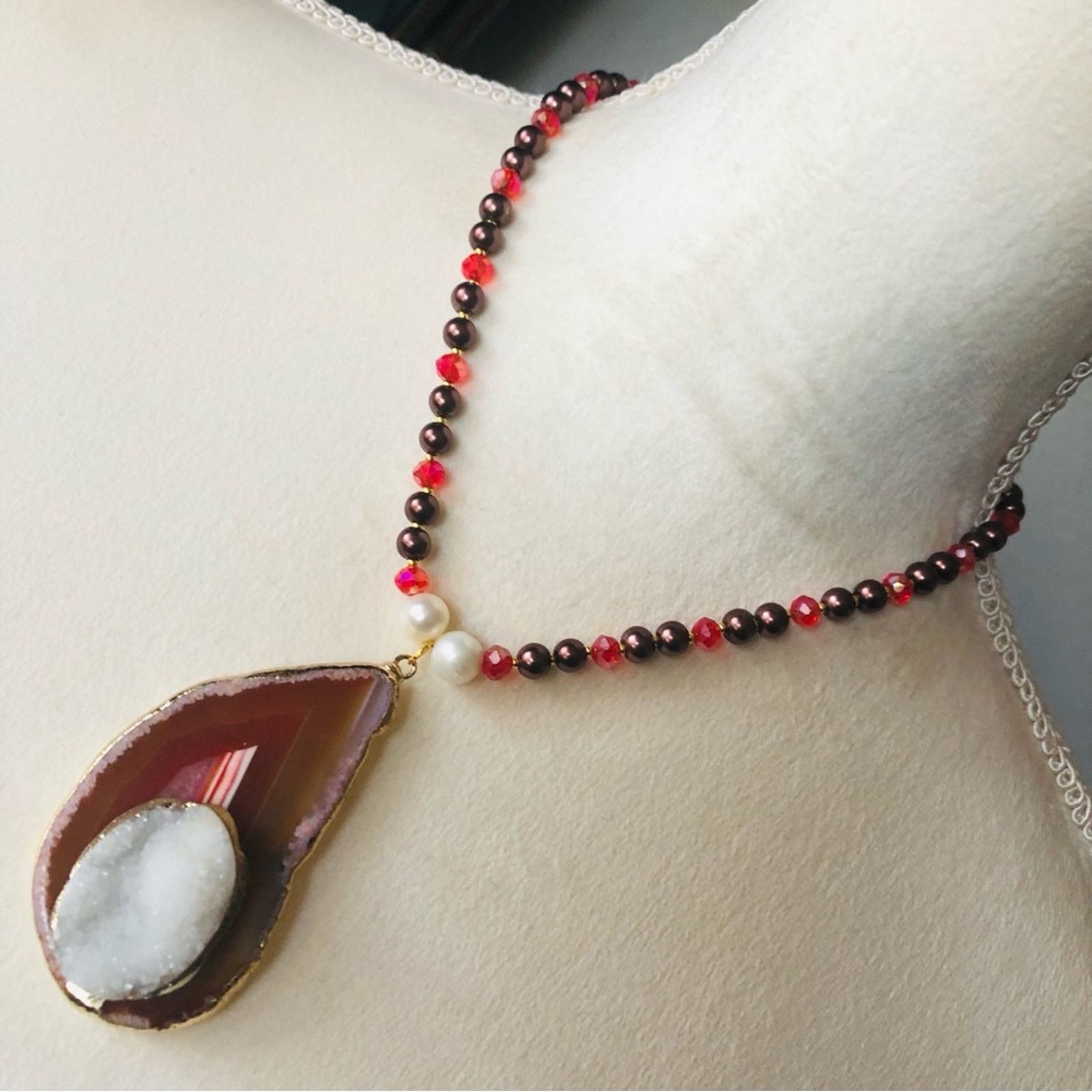 Handmade Handcrafted repurpose drusy agate slab Pearl necklace Size ONE SIZE - 1 Thumbnail
