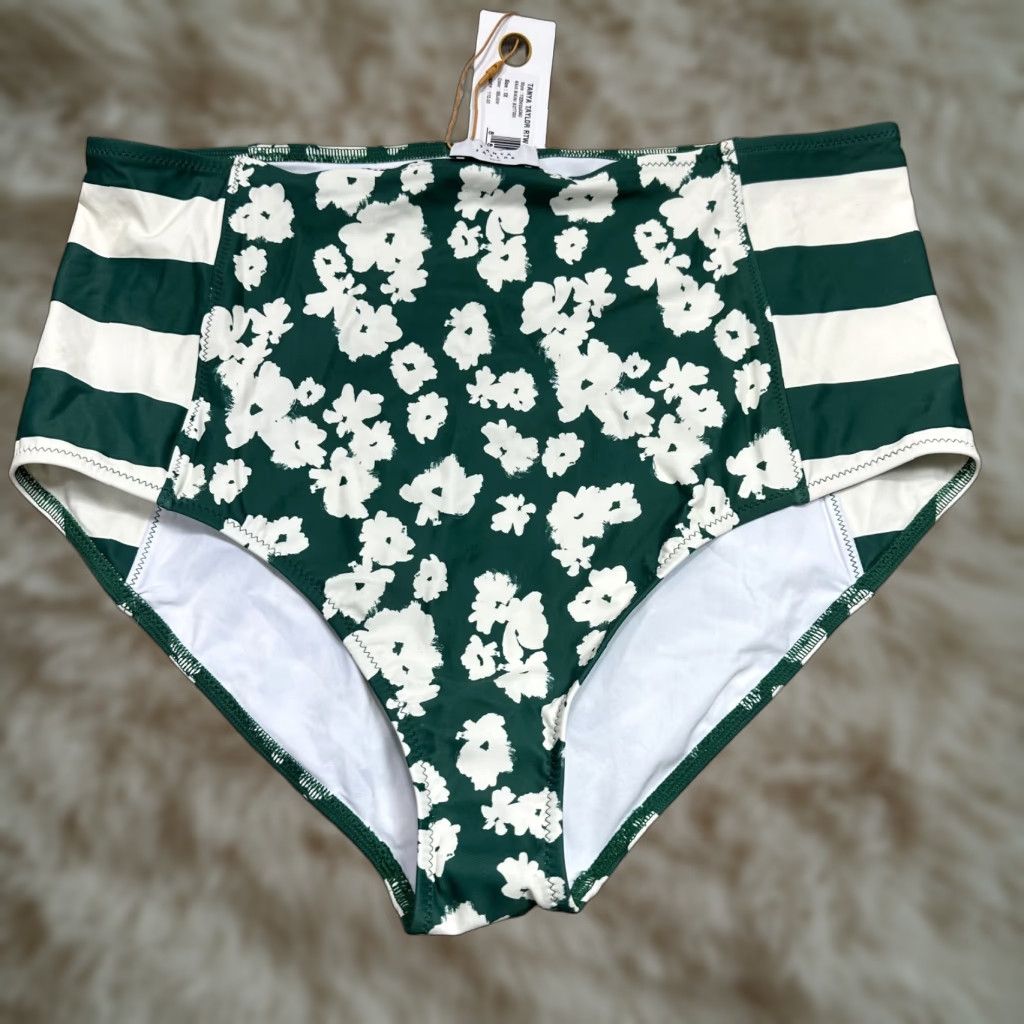 Tanya Taylor Tanya Taylor KAIA Bikini Bottom Green Floral Striped High Waist Swim 1X NWT Womens Size 40" / US 18 - 1 Thumbnail