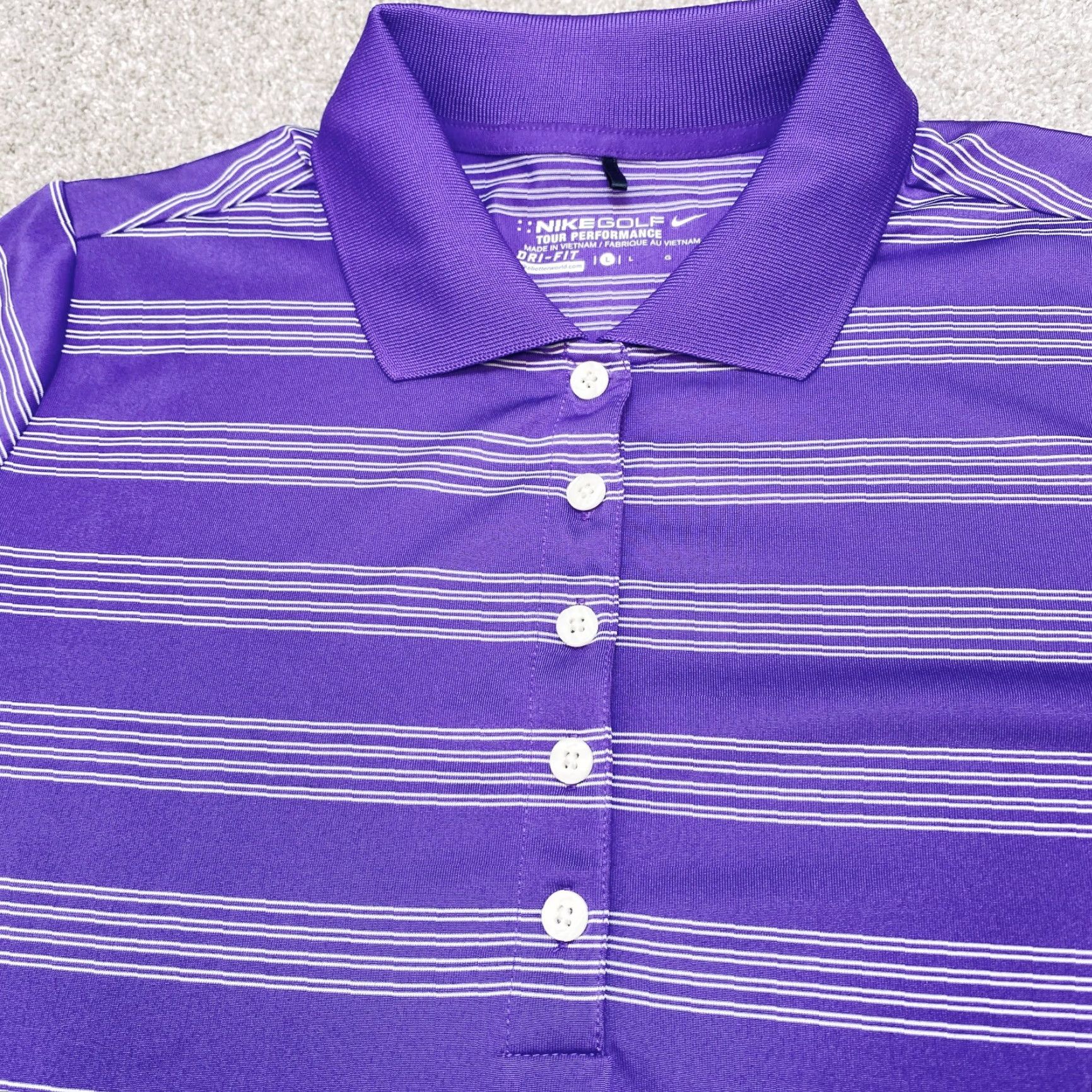 Nike VINTAGE Nike Golf Tour Performance Dri-Fit Polo Shirt Womens Large Purple White Striped Size L / US 10 / IT 46 - 2 Thumbnail