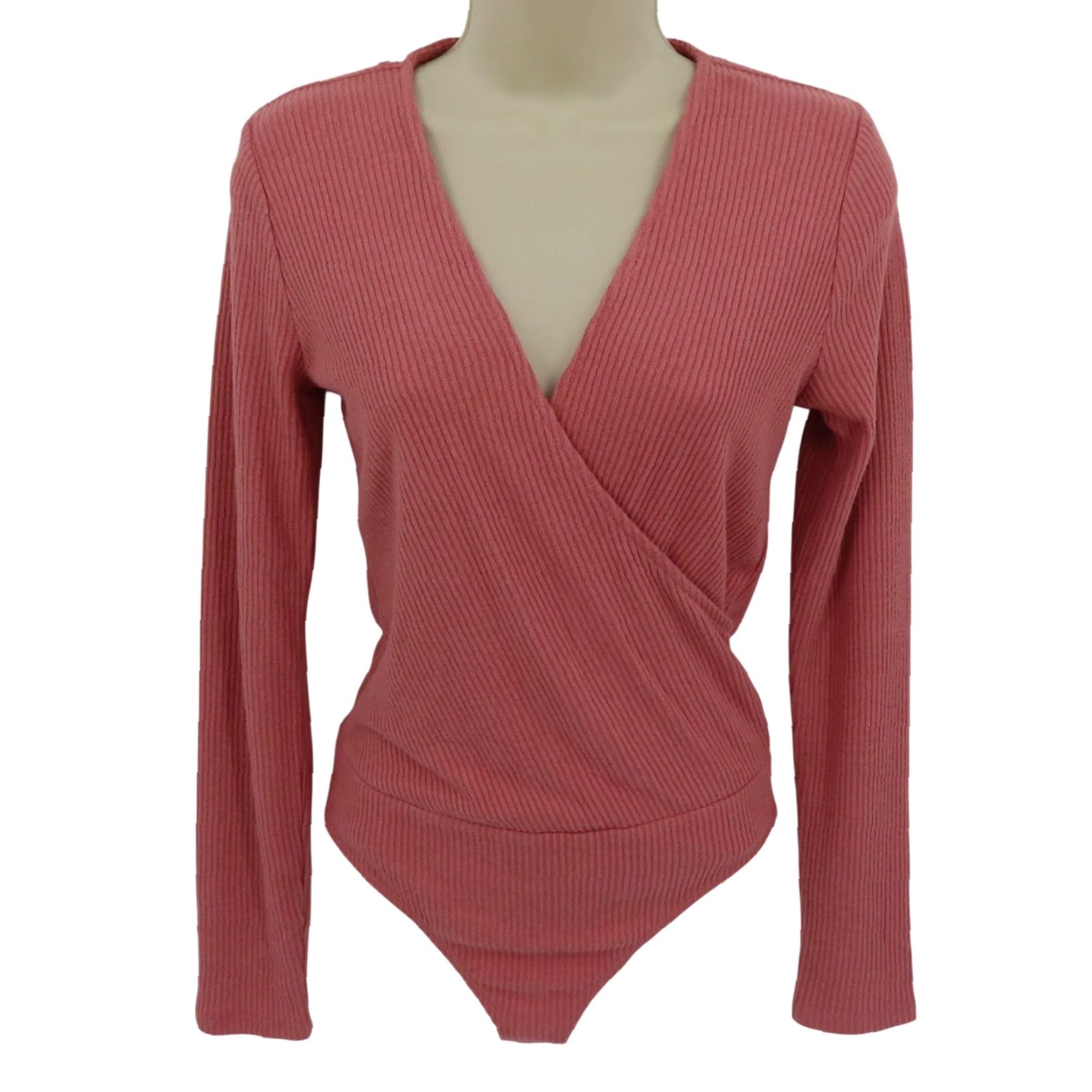 Express Express Women Small Pink Ribbed V Neck Wrap Long Sleeve Bodysuit One Piece NEW Size S / US 4 / IT 40 - 2 Thumbnail