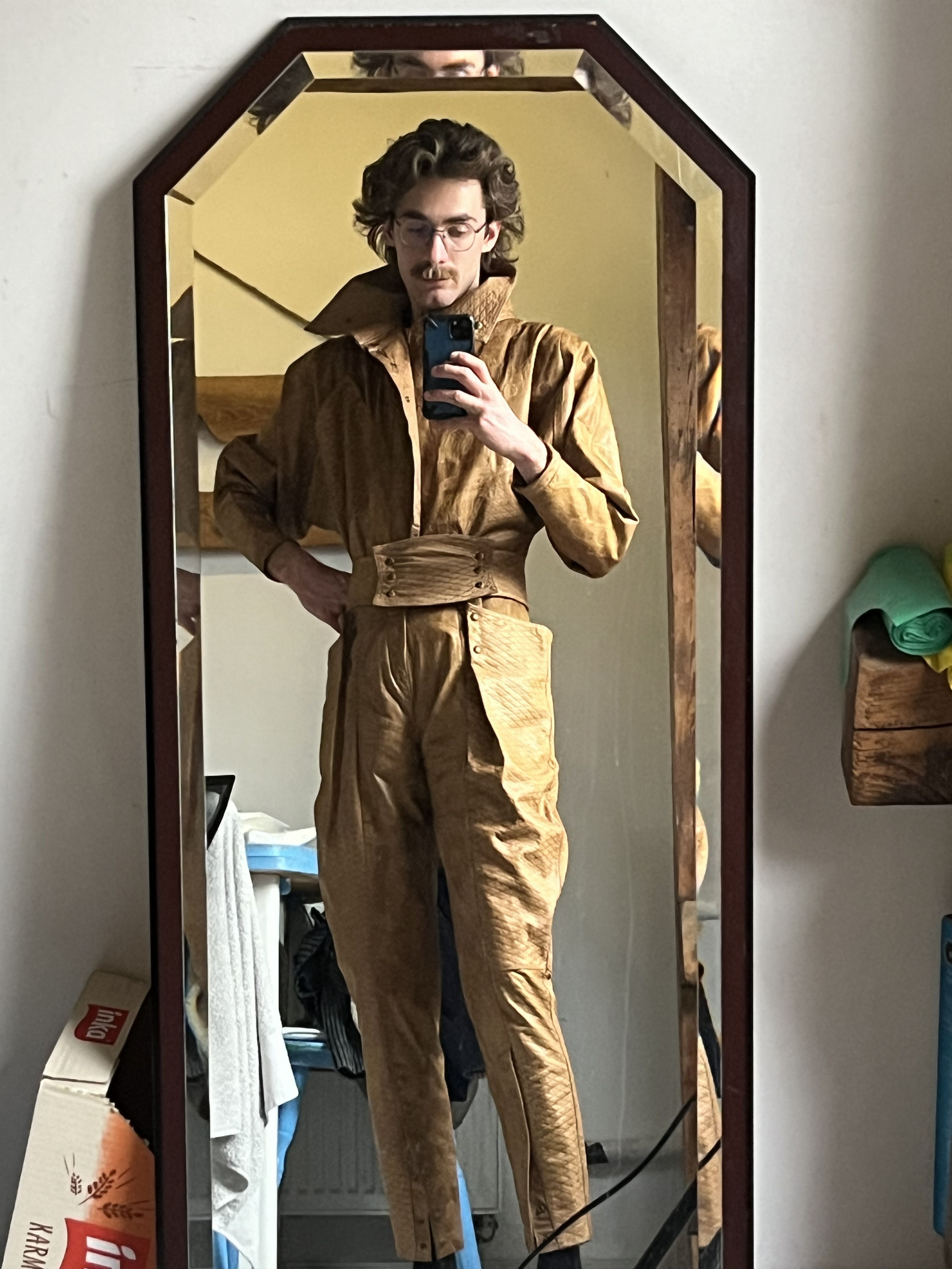 Japanese Brand × Vintage 80s Brazilian Long Lamb Leather Festival Jumpsuits Size US 30 / EU 46 - 1 Thumbnail