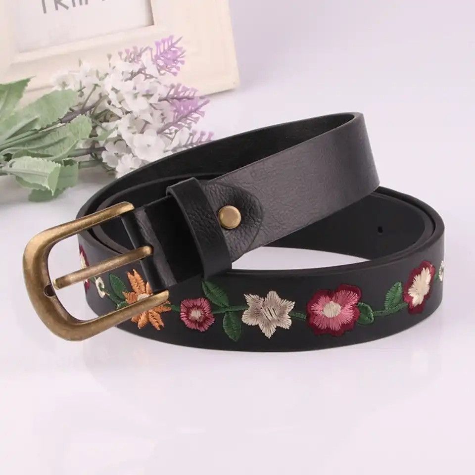 Leather Versatile Embroidered Flower Leather Belt Size ONE SIZE - 1 Thumbnail