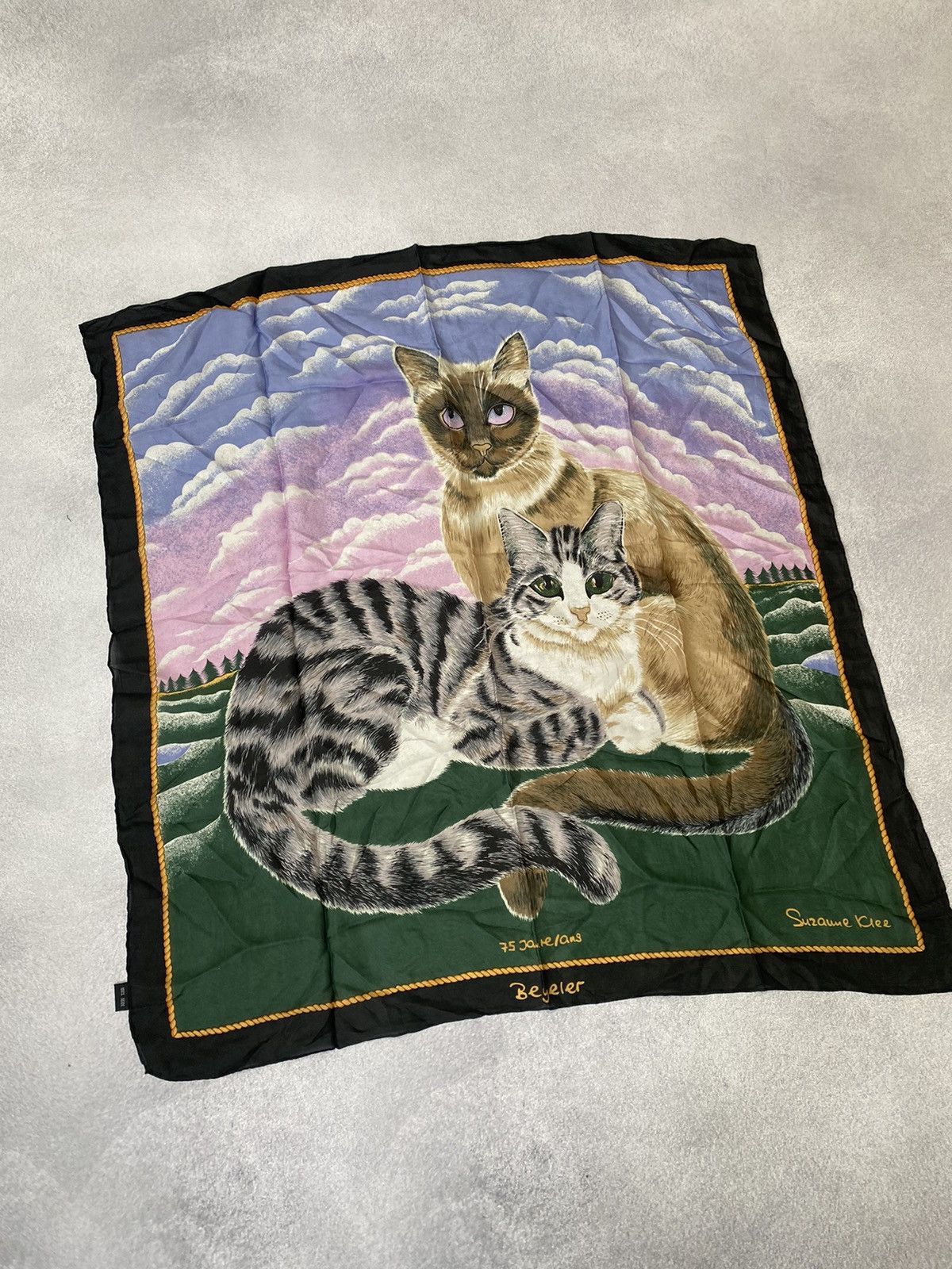 Designer × Vintage SCARF VINTAGE SUZANNE Klee Beyeler Siamese Cats Green Silk Size ONE SIZE - 5 Thumbnail