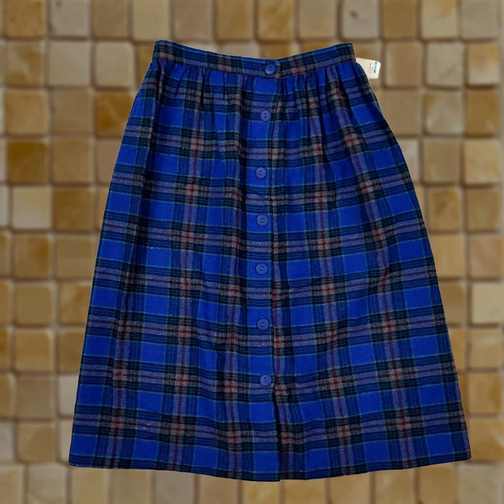 Etro VINTAGE Plaid Button Front A-Line Women's Size 9 Midi Skirt Blue Wool Polyester Regular 80s 90s Retro Knee Womens Size 30" / US 8 / IT 44 - 1 Thumbnail