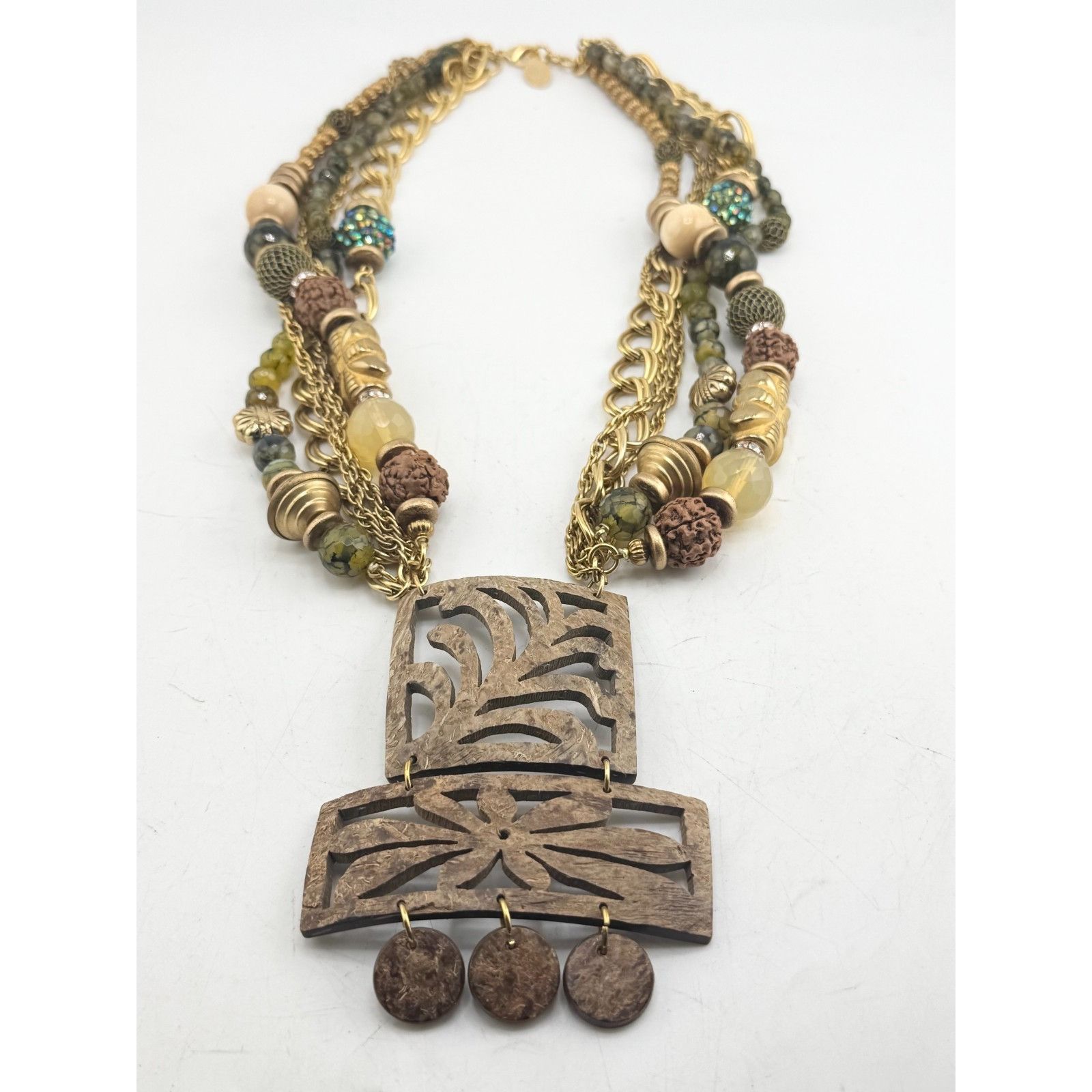 Vintage Vintage multi strand green glass beaded bamboo wood pendant Size ONE SIZE - 2 Thumbnail