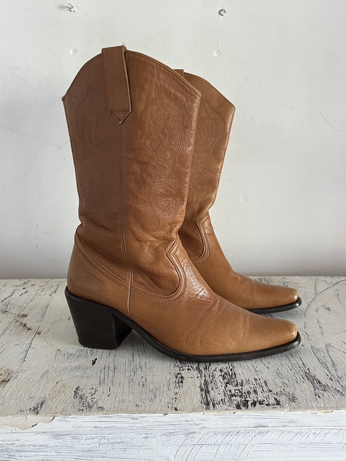 image of Vintage Japanese Cowboy Leather Boots in Brown, Women's (Size 8.5)