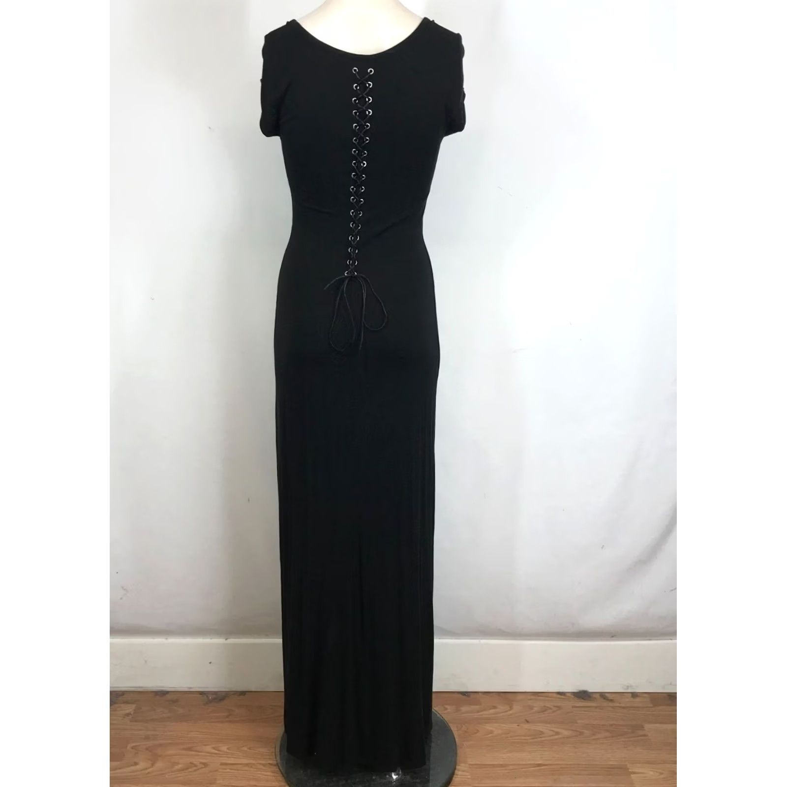 Bebe VINTAGE BEBE Women's XS BLACK Short Sleeve Bling Lace Up Maxi Dress Size 26" / US 2 / IT 38 - 5 Thumbnail