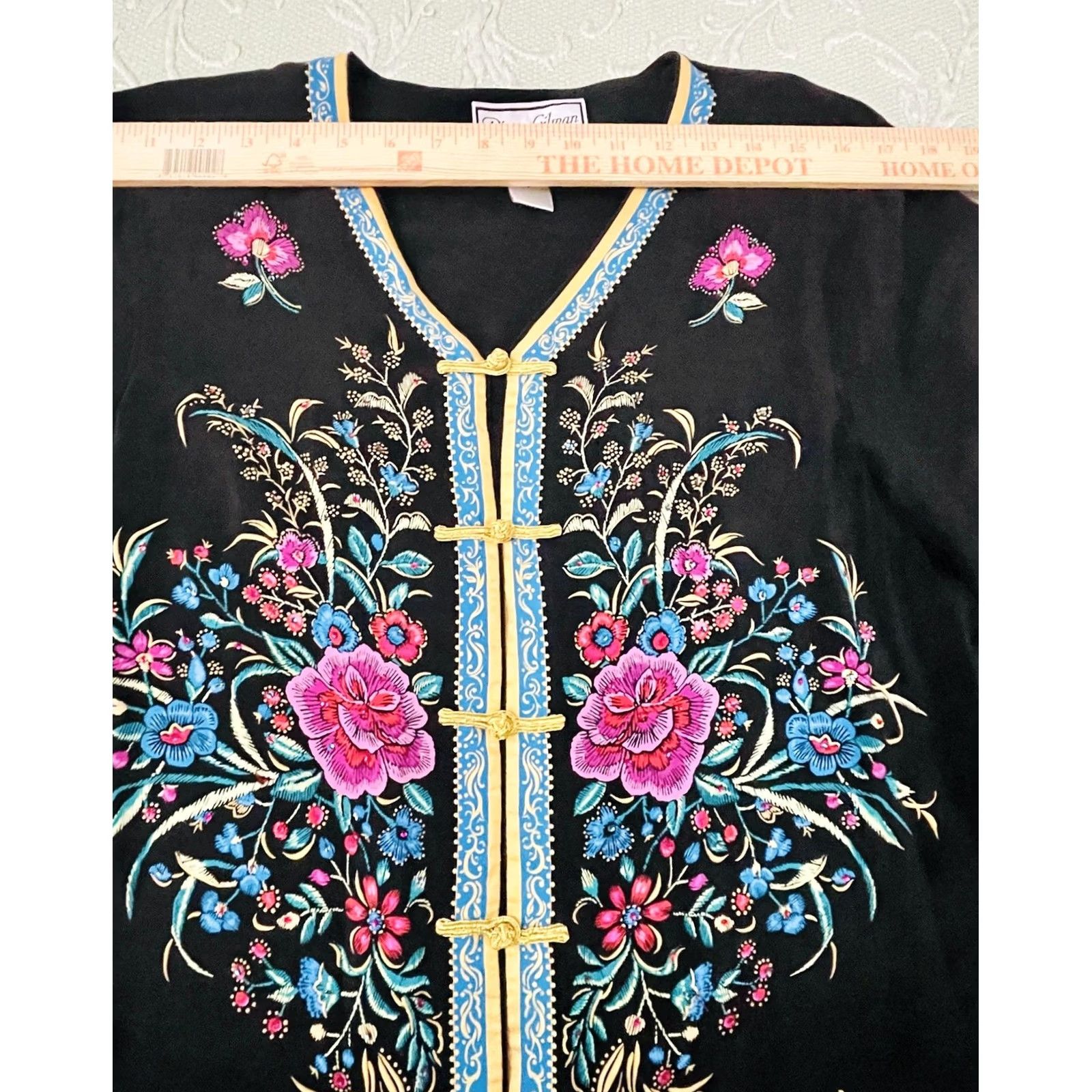Vintage Diane Gilman Jacket Womens M Black Silk Embroidered Floral Frog Closure Kimono Style Size M / US 6-8 / IT 42-44 - 5 Thumbnail