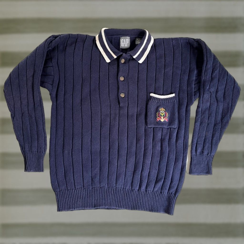 Gap VINTAGE Gap Sweater Shirt Men 90s Preppy Collared Knit Embroidered Crest Navy L 100% Cotton Pullover Size US L / EU 52-54 / 3 - 1 Thumbnail