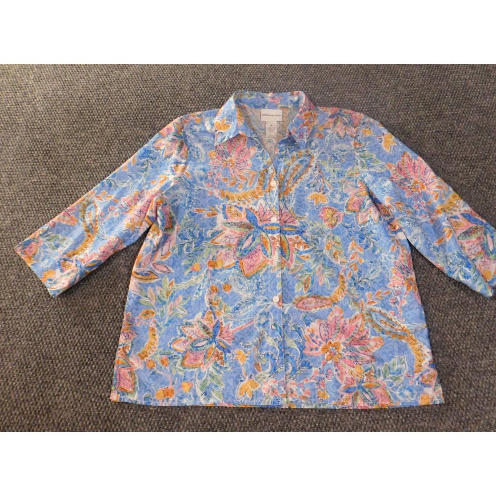 Vintage Alfred Dunner Button-Up Shirt Womens Medium Blue Floral Collared Short Sleeve Casual Regular Cotton Polyester Rayon Sheer Size M / US 6-8 / IT 42-44 - 3 Thumbnail