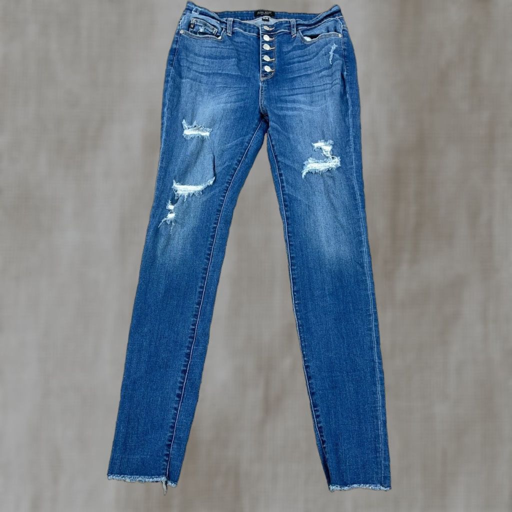 Vintage Judy Blue Jeans Women Skinny Fit 15 32 Medium Wash Blue Stretch Distressed Pockets Button Fly Zipper Jeans Size 36" / US 14 / IT 50 - 1 Thumbnail