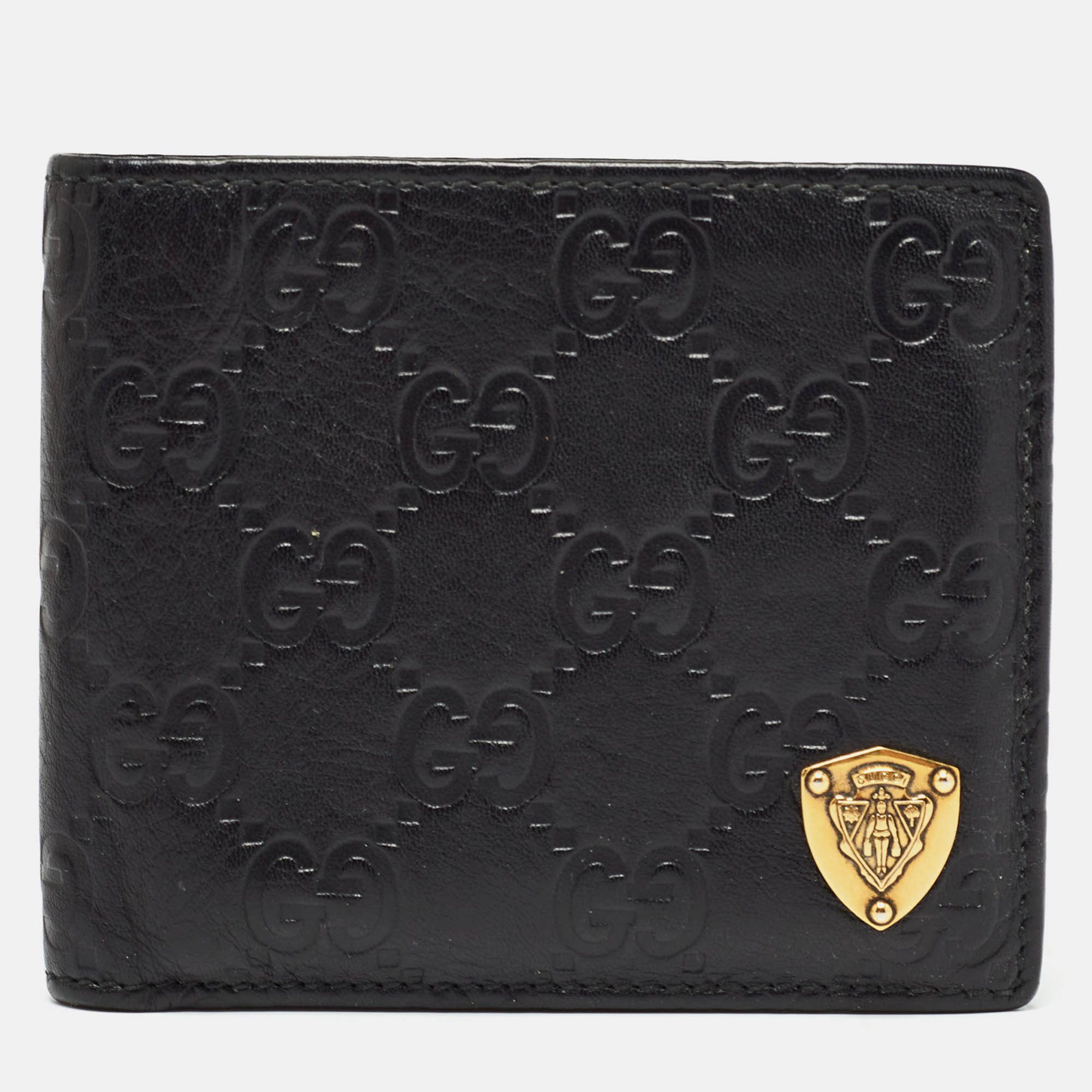 image of Gucci Black Ssima Leather Crest Bifold Wallet, Men's