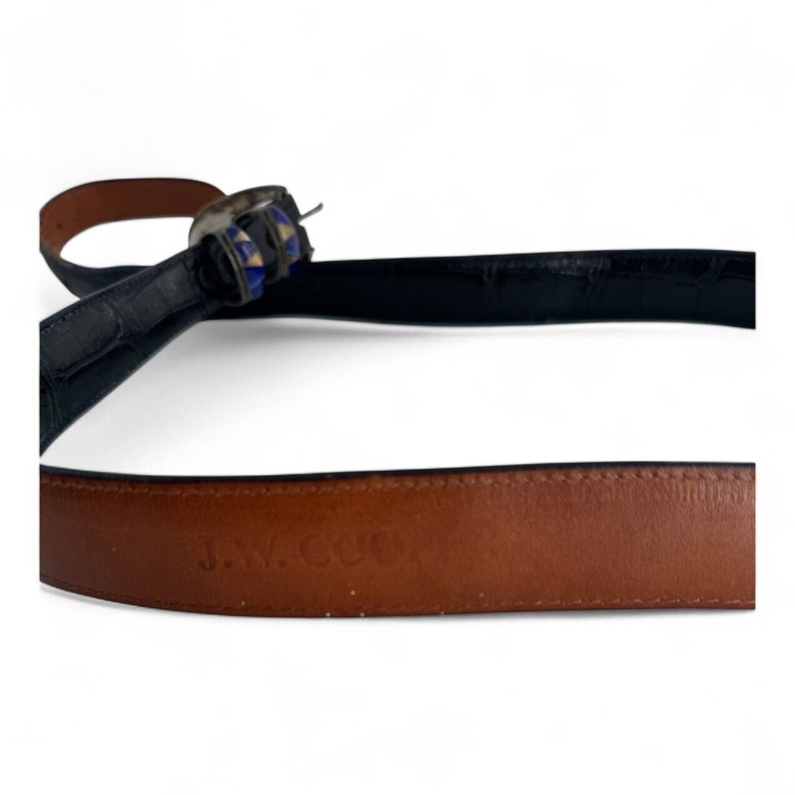 Sterling Silver JW Cooper .925 Sterling Lapis Inlay Blue Alligator Skin Belt Size 46 - 7 Thumbnail