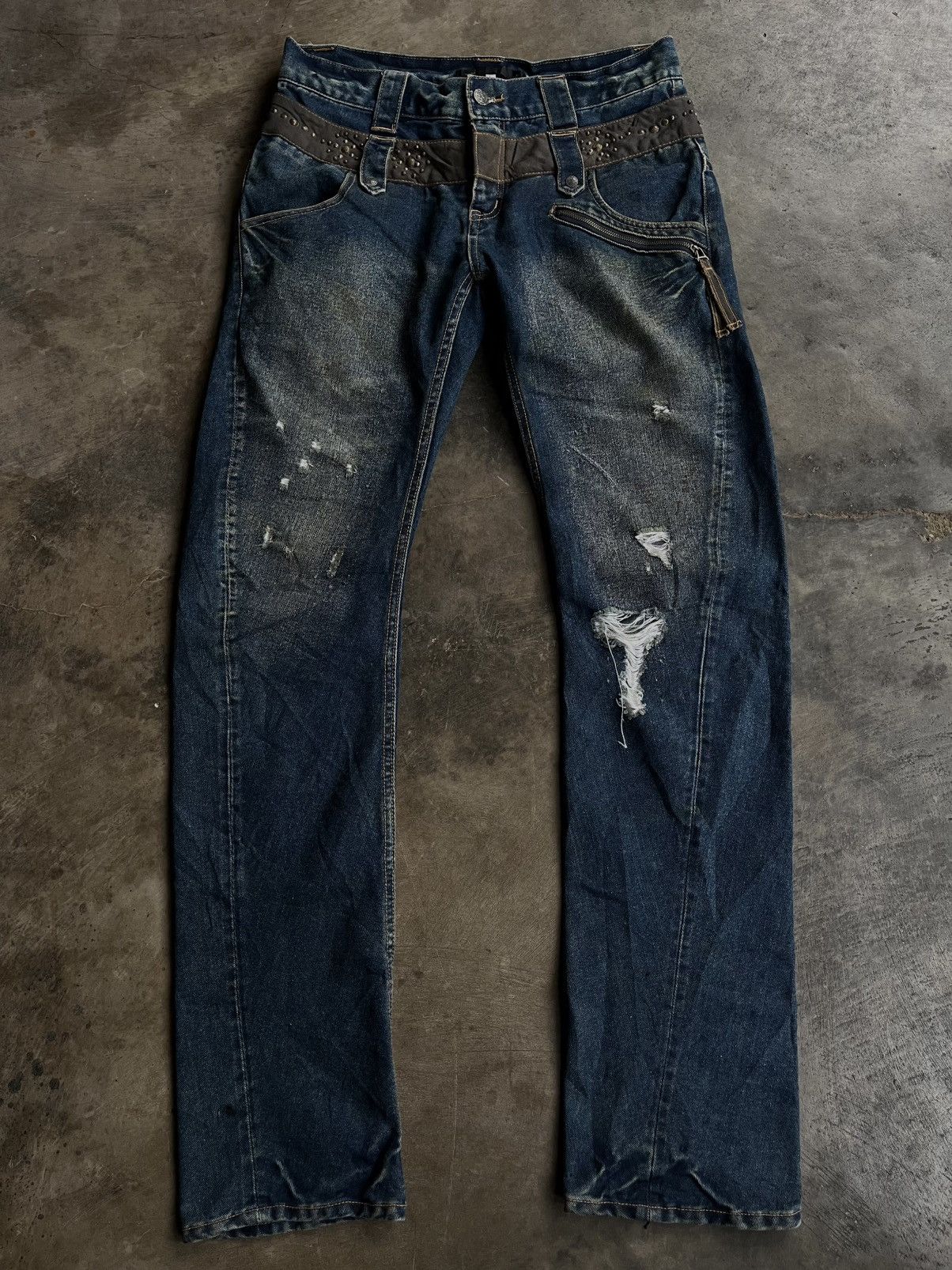 2000s JAPANESE BEADS ICOM DOUBLE WAIST DENIM PUNK PANTS VKEI