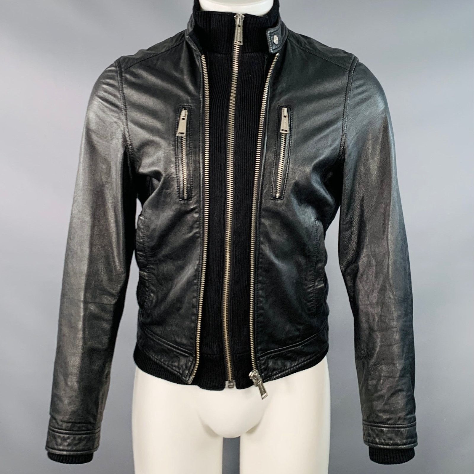 38 Black Lambskin Leather Knit Trim Double Zipper Jacket