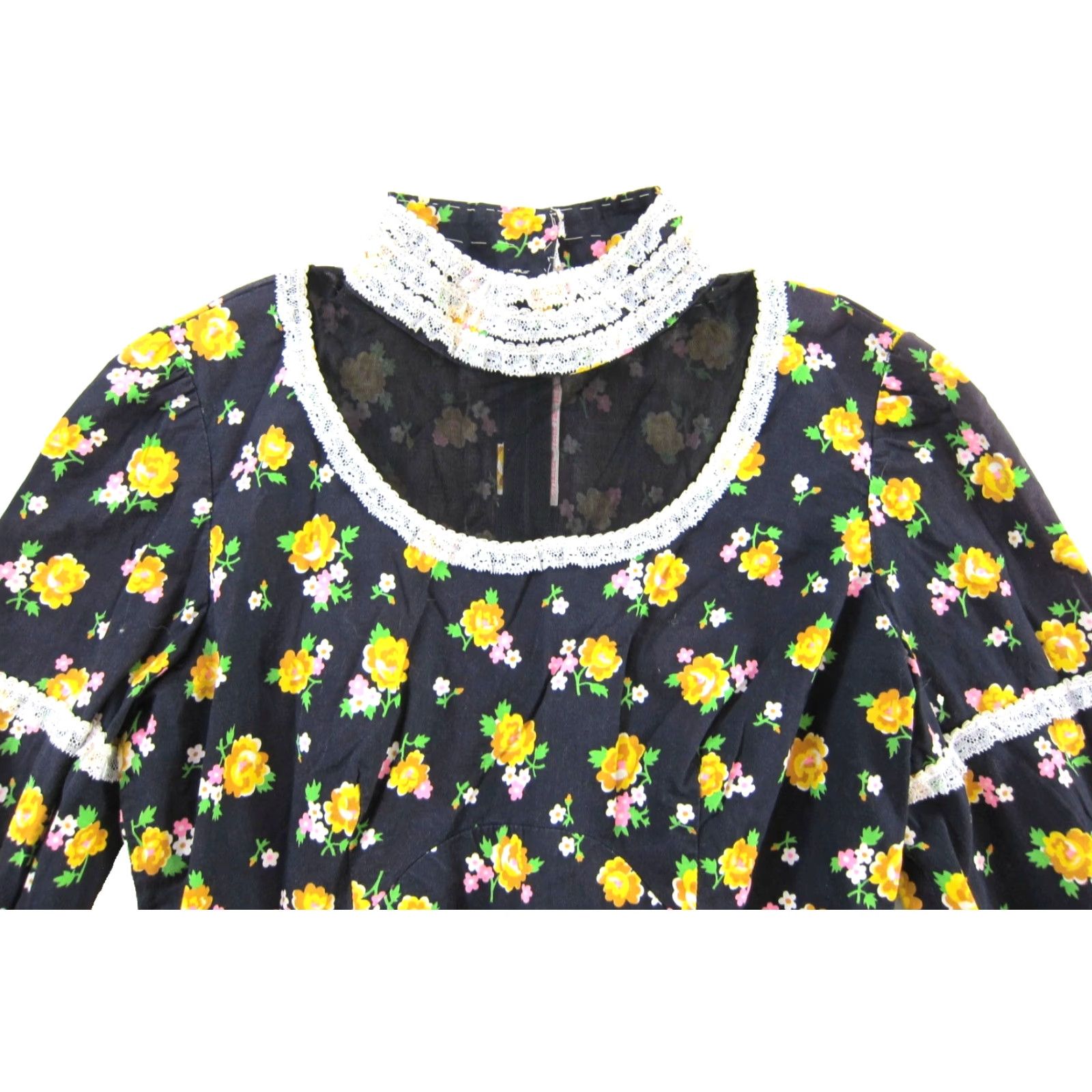 Vintage VTG Handmade Black Yellow Pink Floral Lace High Neck Long sleeve Mini Dress S Size S / US 4 / IT 40 - 3 Thumbnail