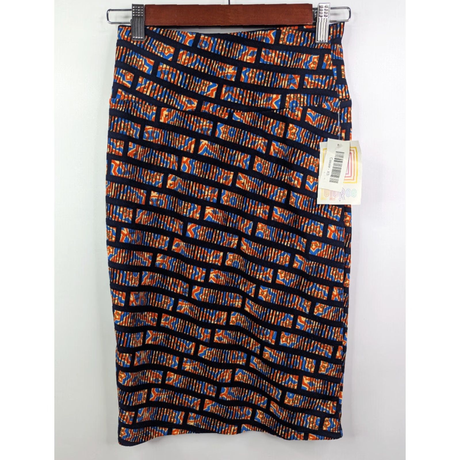 Vintage NWT LuLaRoe Cassie Pull-On Midi Skirt XS Orange Geometric Print Rectangle Aztec Size 26" / US 2 / IT 38 - 2 Thumbnail