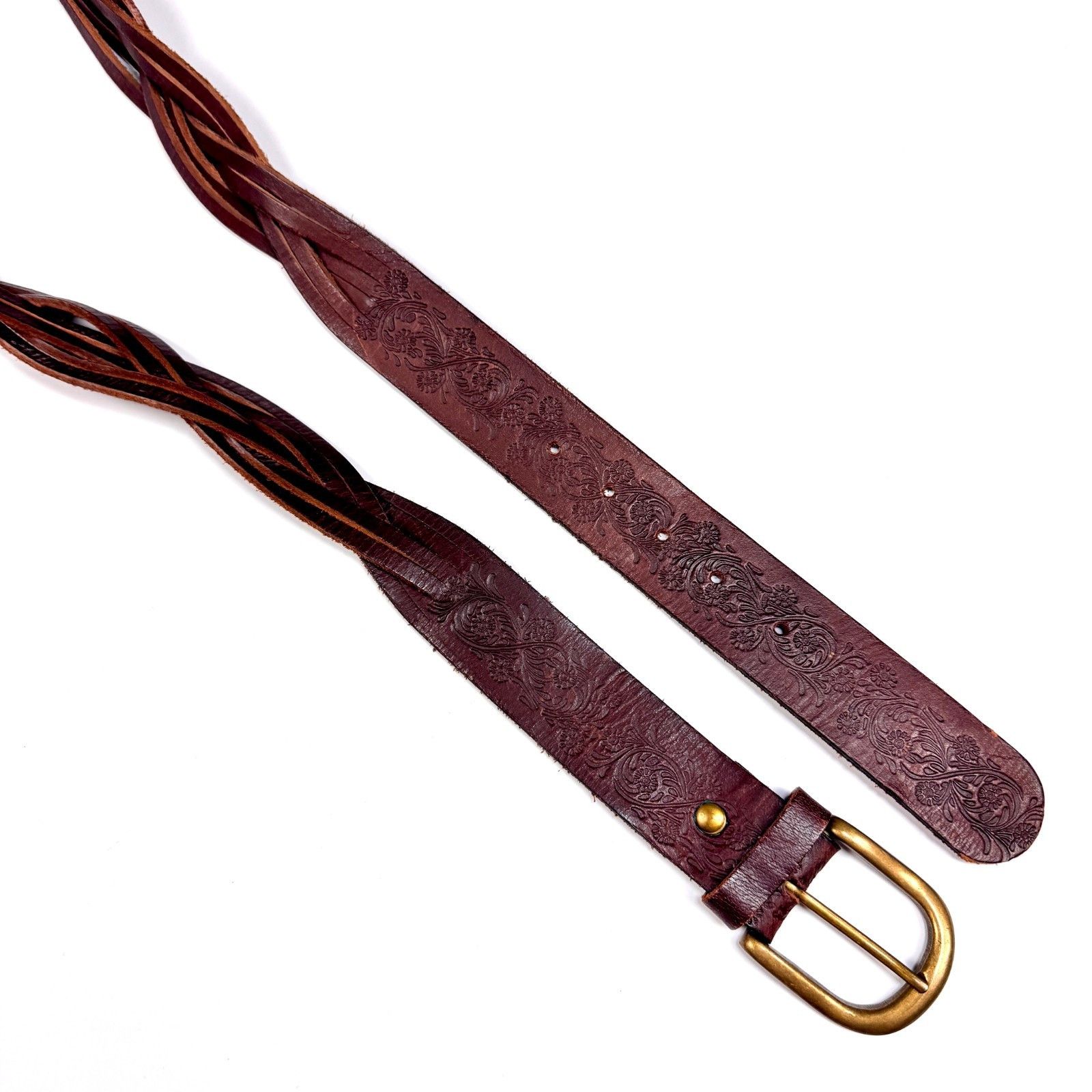 Vintage Vintage Womens Brown Tooled Leather Braided Belt Floral Boho Size ONE SIZE - 4 Thumbnail