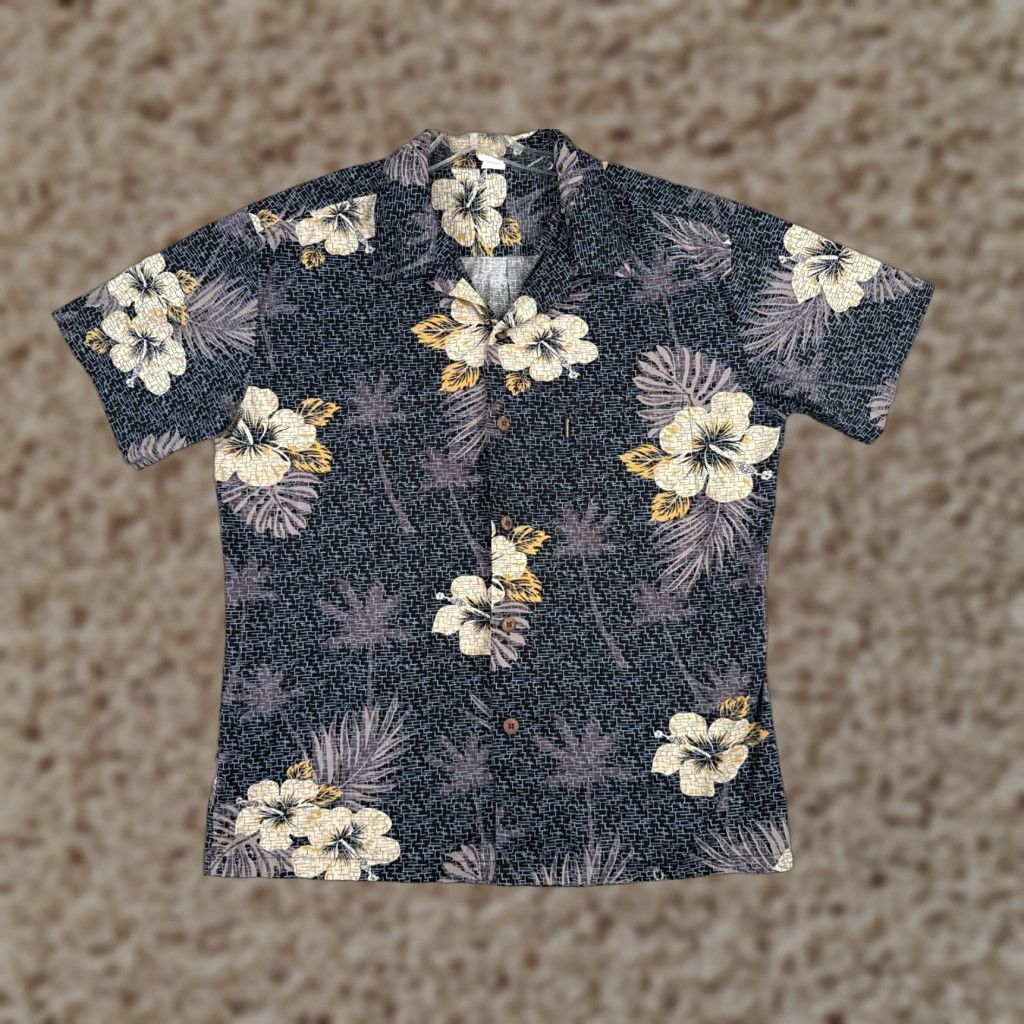 Vintage Palmwave Shirt Men L Black Floral Palm Leaf 100% Cotton Hawaiian Button-Up Resort Aloha Palms Size US L / EU 52-54 / 3 - 1 Thumbnail