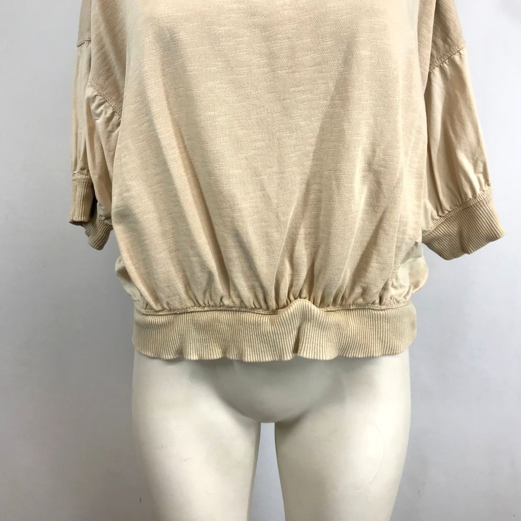 Vintage Pilcro and the Letterpress Sweatshirt M Beige Puff Sleeve Crew Neck Bubble Hem Knit Mixed Media Casual Womens Size M / US 6-8 / IT 42-44 - 3 Thumbnail