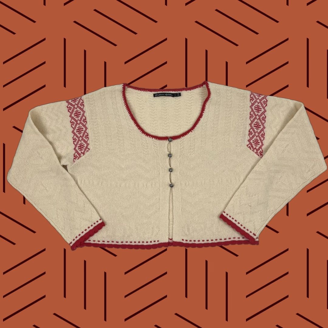Vintage Gudrun Sjoden Cardigan Women Large Cropped Brown Red Knit Wool Alpaca Button Crew Neck Long Sleeve Size L / US 10 / IT 46 - 1 Thumbnail