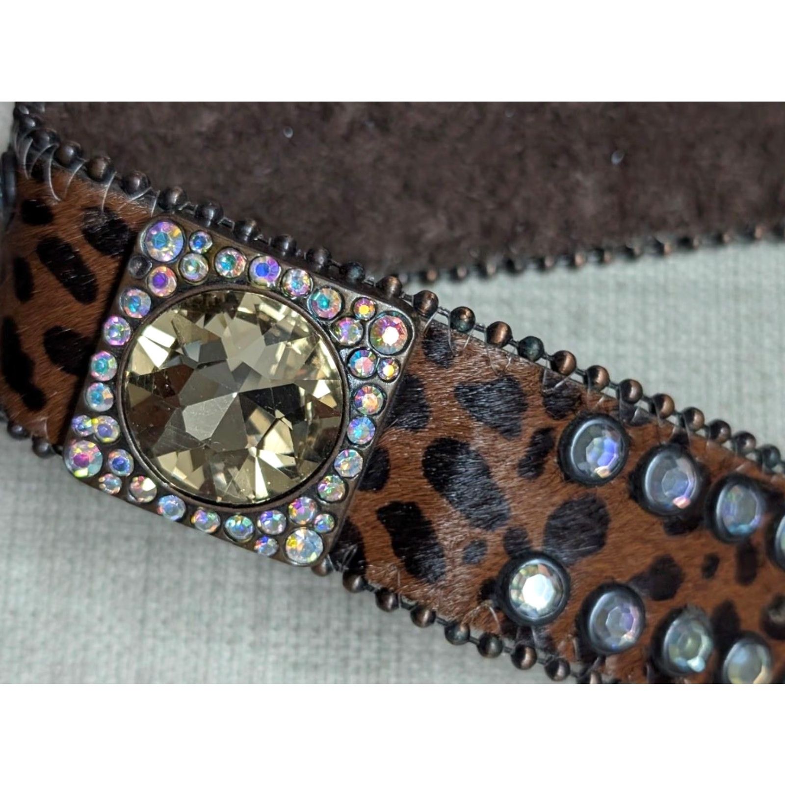 Vintage VINTAGE Y2K COW H AIR rhinestone LEOPARD leather BELT 38 brown STUDDED Western Belt, Cowboy, Rodeo, Southwestern Mens Size 38 - 4 Thumbnail