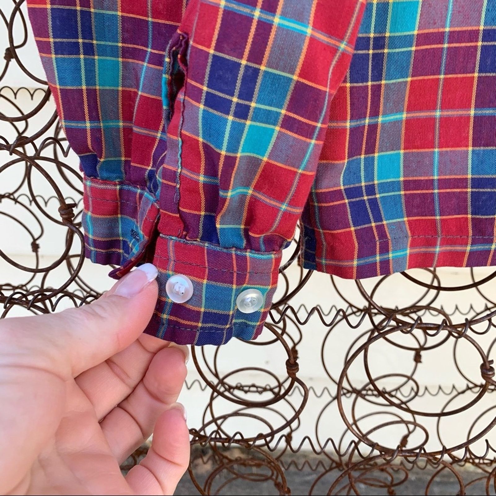 Sears Vintage 70s Sears red blue plaid ruffle blouse MEDIUM? Size M / US 6-8 / IT 42-44 - 8 Thumbnail