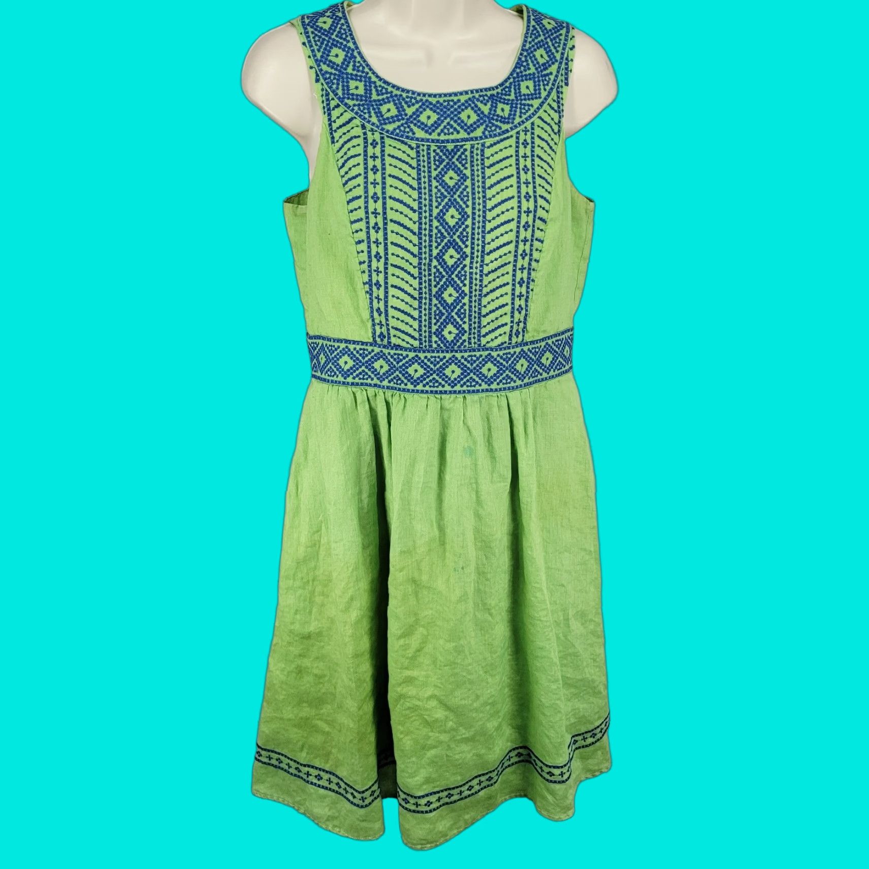Lands' End Lands' End Green 100% Linen Embroidered Sleeveless Lined Short A-Line Dress 6 Size 28" / US 6 / IT 42 - 1 Thumbnail