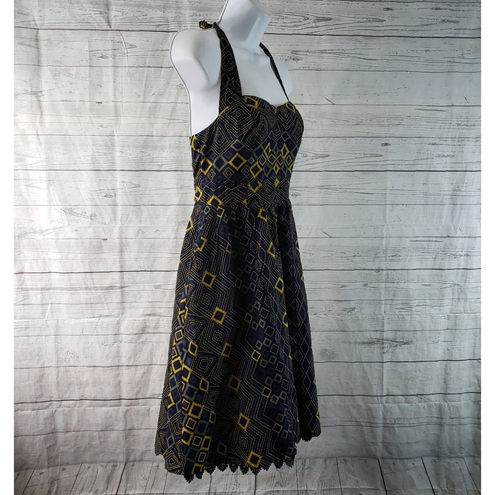 Vintage Edme & Esyllte Womens Rythmic Repetition Halter Dress Sz 0 Blue Yellow Cotton Size XS / US 0-2 / IT 36-38 - 3 Thumbnail