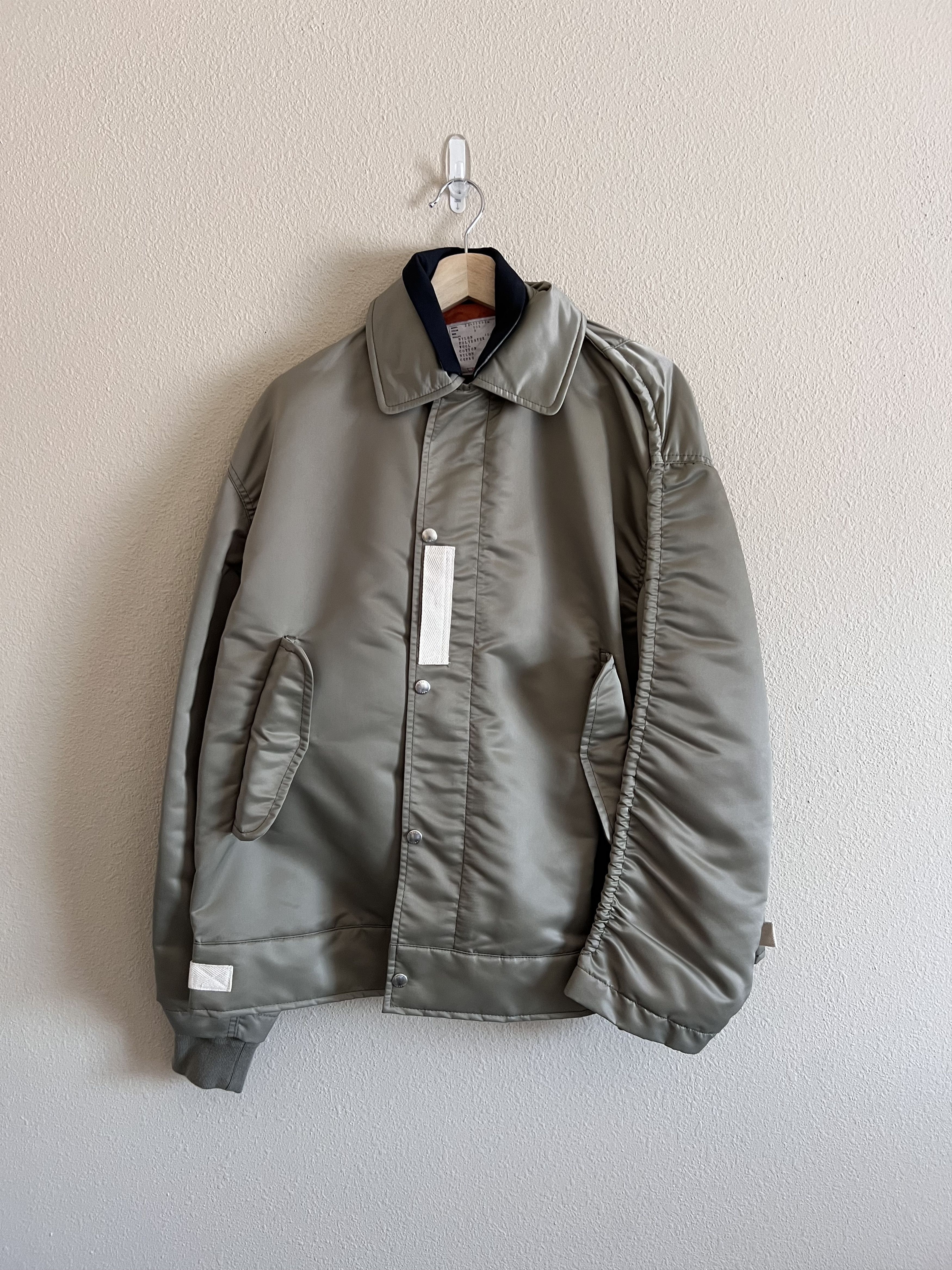 image of Sacai Nylon Twill Bomber Jacket In Olive Green, Men's (Size Large)