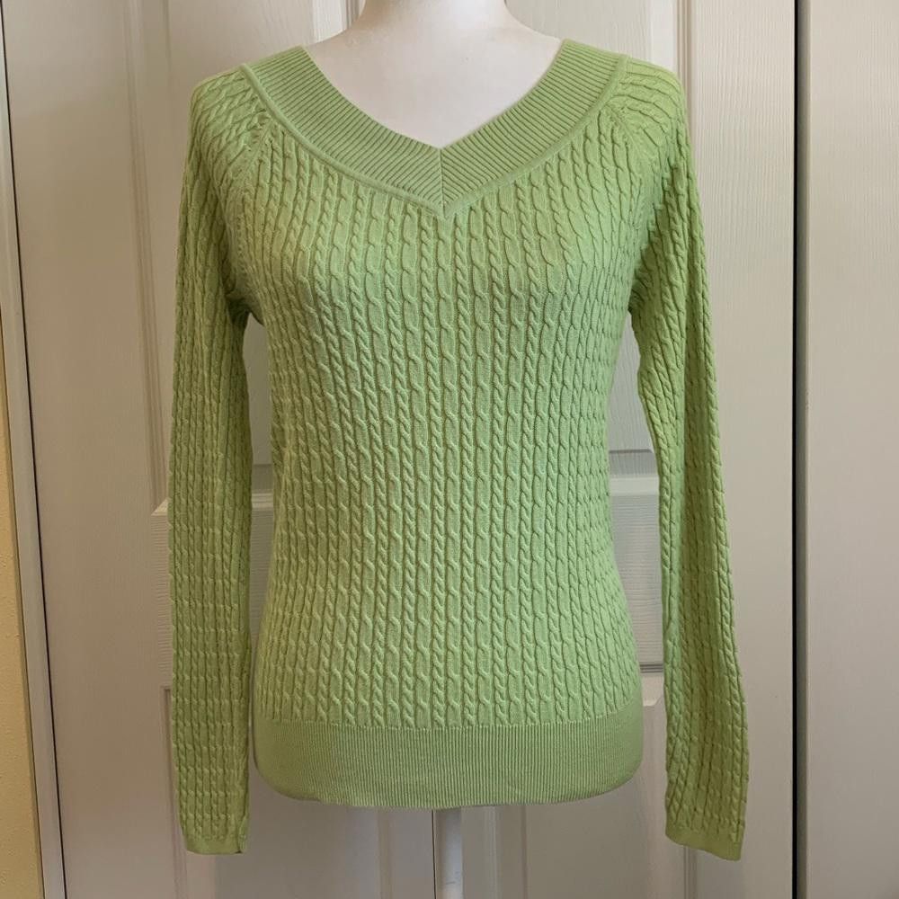 Designer Talbots Lime V-neck Cable-Knit Sweater, Small Size S / US 4 / IT 40 - 1 Thumbnail