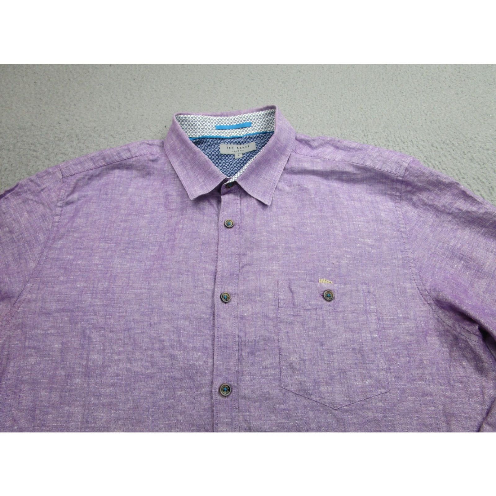 Ted Baker Ted Baker Shirt Mens XL Purple Linen Cotton Button Down Long Sleeve Printed Trim Size US L / EU 52-54 / 3 - 2 Thumbnail