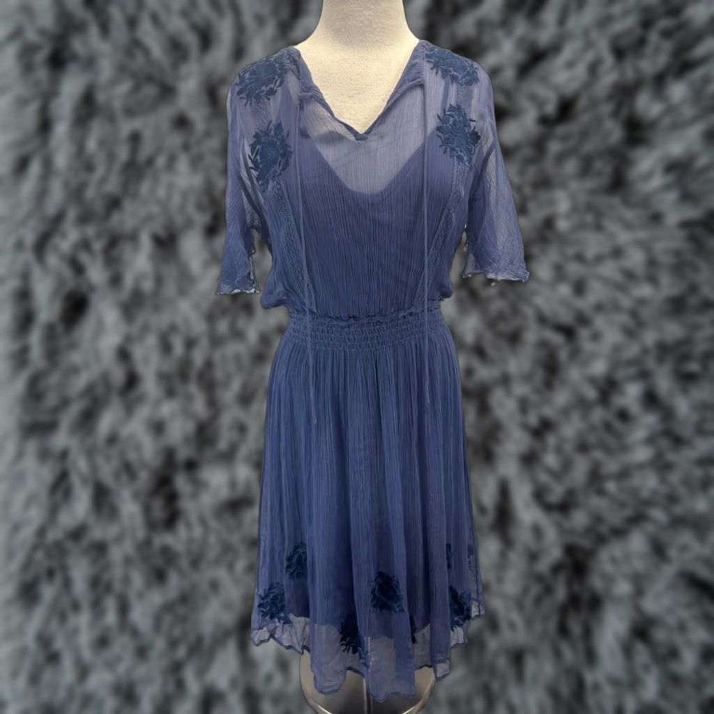 Vintage Sundance Led By Dreams Women's Blouson Floral Embroidered Drop Waist Midi Dress Petite S Blue Floral Embroidered Dress Vintage No Size L / US 10 / IT 46 - 1 Thumbnail